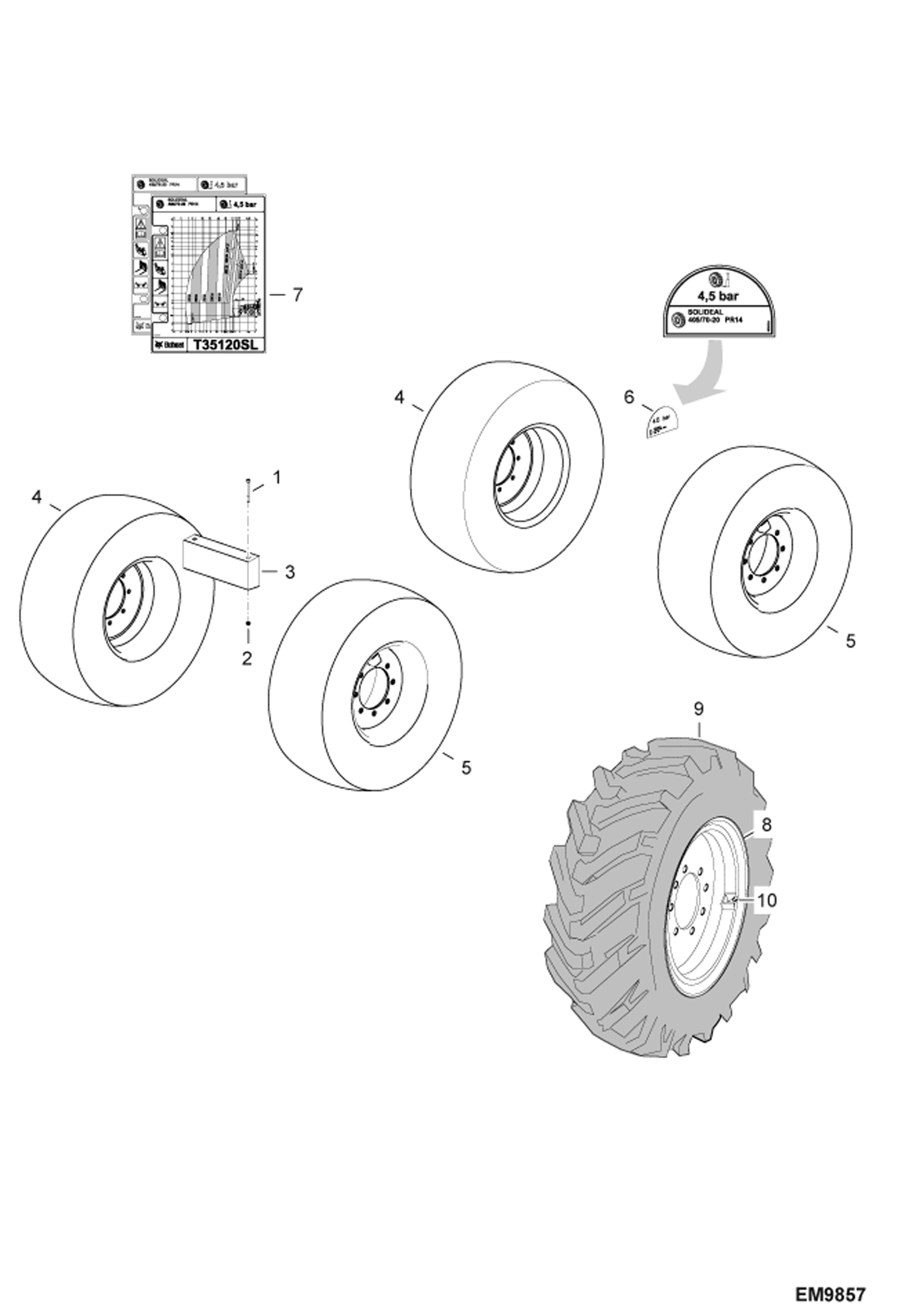 Схема запчастей Bobcat T35120SL - WHEELS (Solideal 400/70-20 PR14) ACCESSORIES & OPTIONS