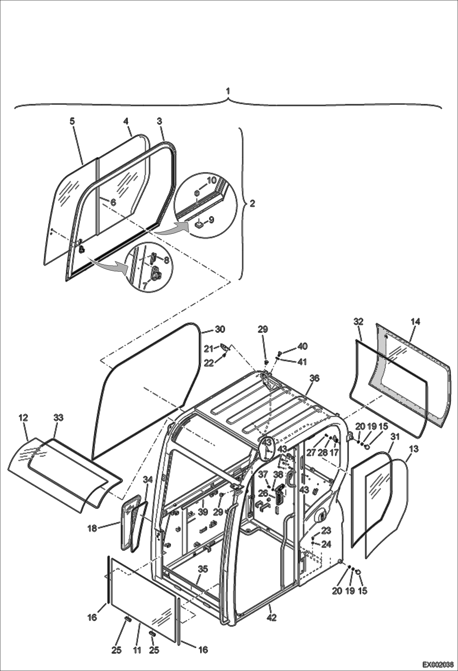 Схема запчастей Bobcat E55W - OPERATOR CAB (Windows) MAIN FRAME