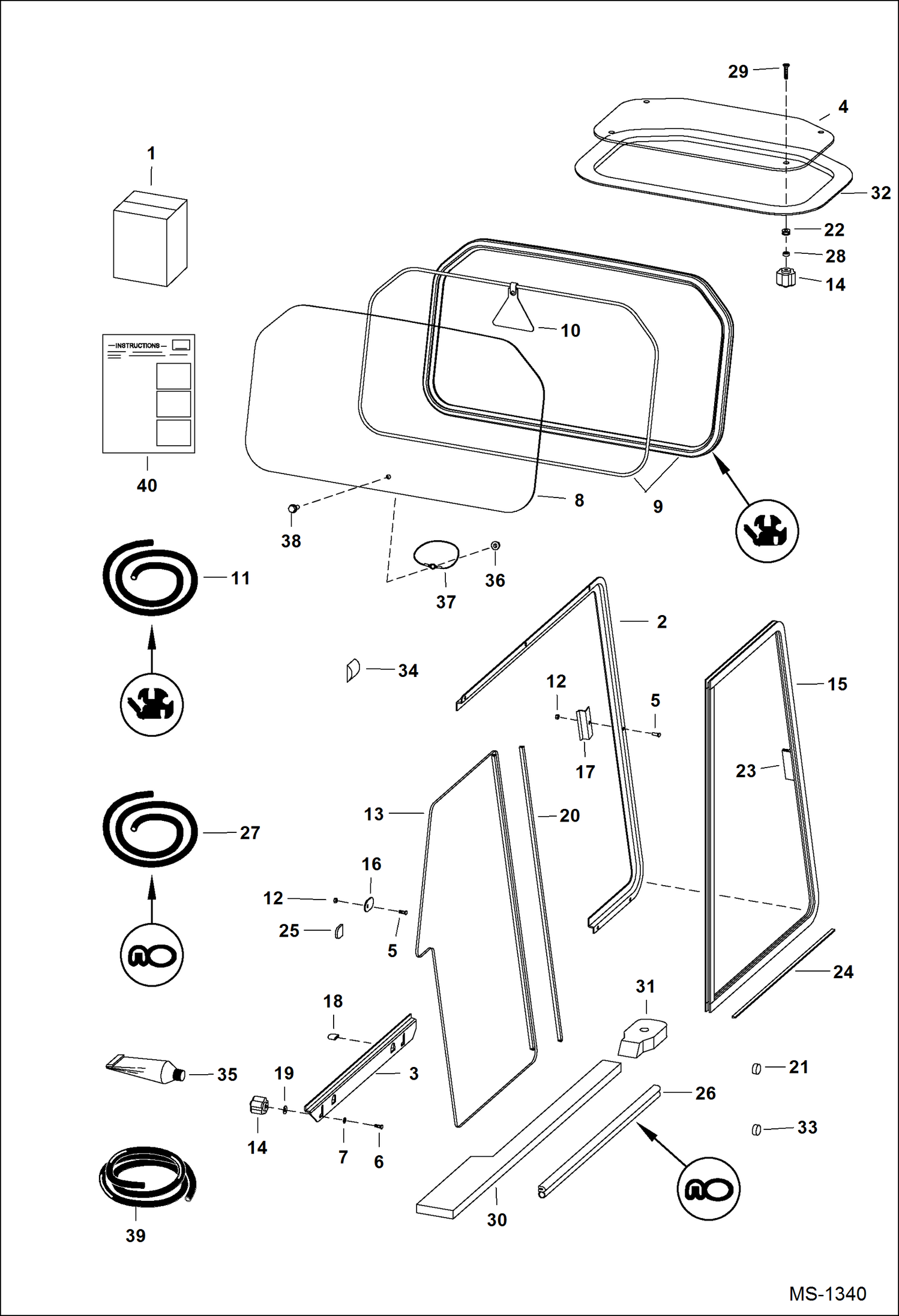 Схема запчастей Bobcat 800s - CAB WINDOWS (Top, Rear & Side) ACCESSORIES & OPTIONS