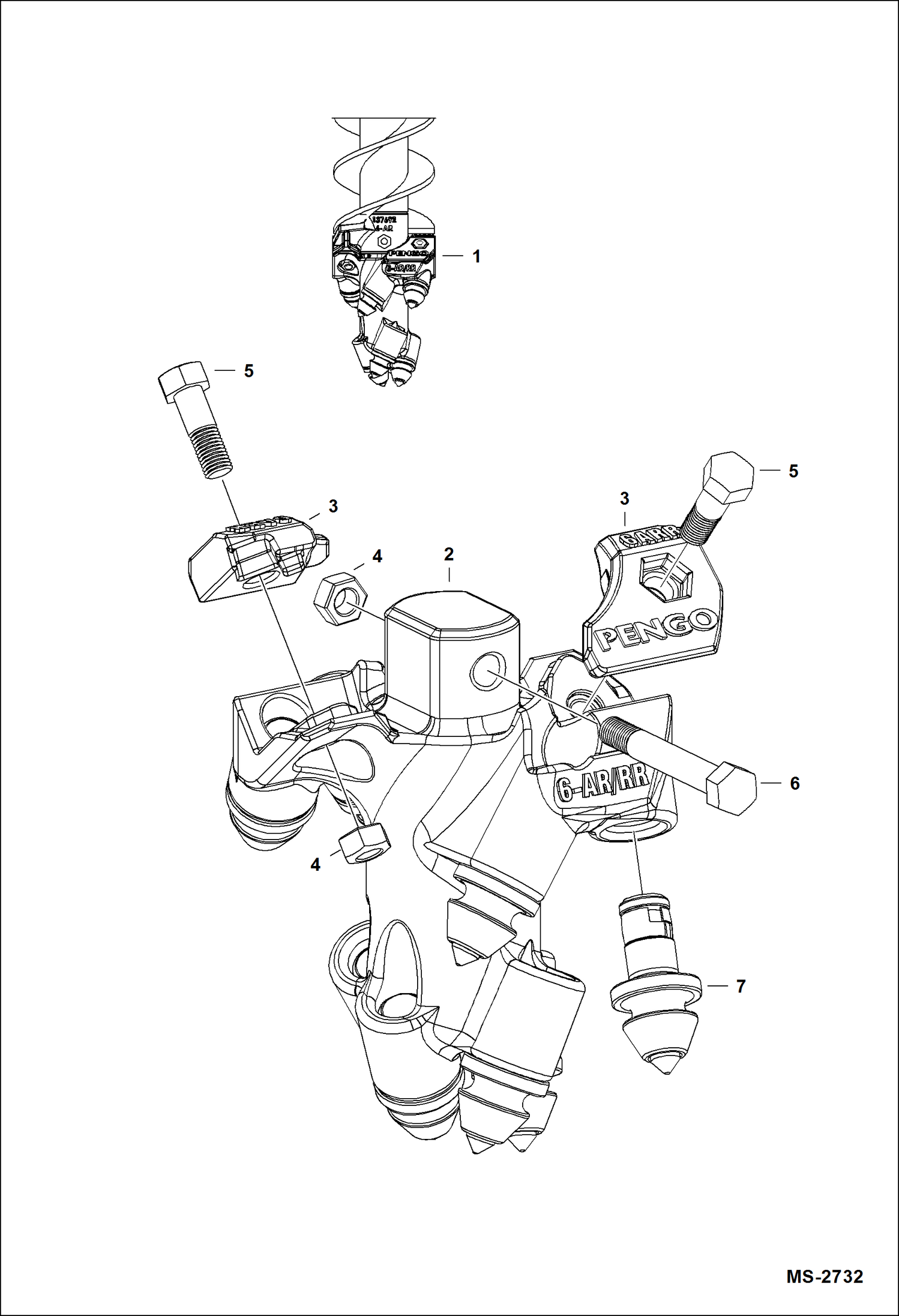 Схема запчастей Bobcat AUGERS - AUGER (Bolt-on Rock Head) (6) (With Cast (Rather Than Weld-on) Tooth Mounts) (Model 15 & 30 Built 2008 & Newer) Loader
