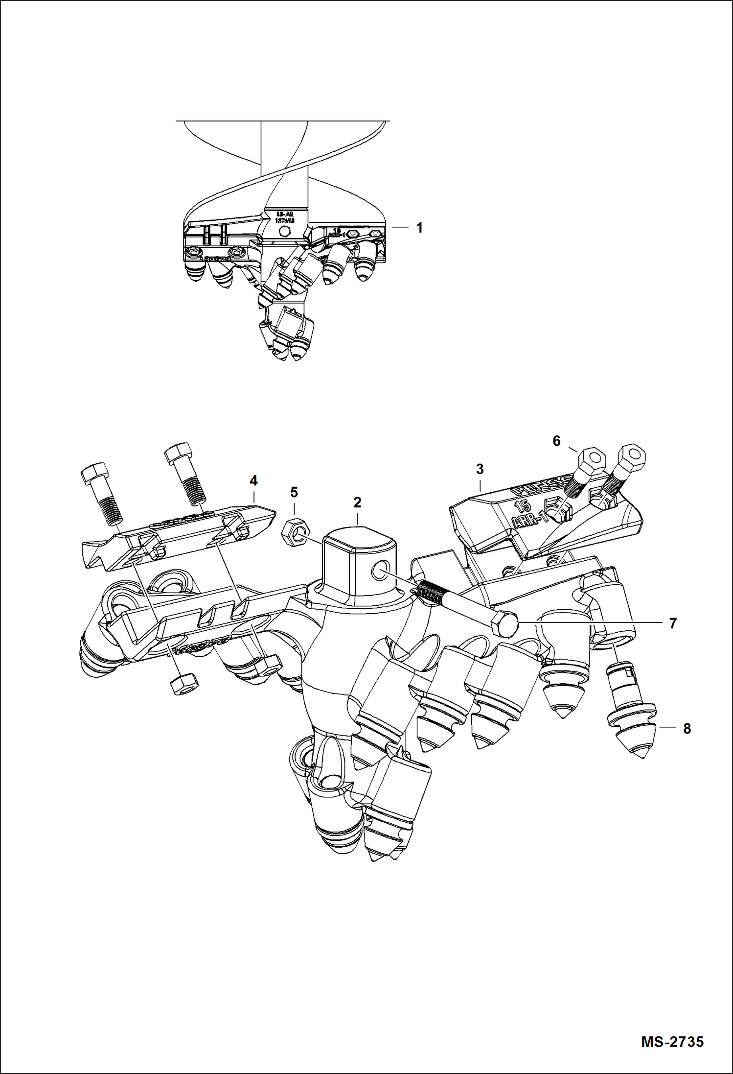 Схема запчастей Bobcat AUGERS - AUGER (Bolt-on Rock Head) (15) (With Cast (Rather Than Weld-on) Tooth Mounts) (Model 15 & 30 Built 2008 & Newer) Loader