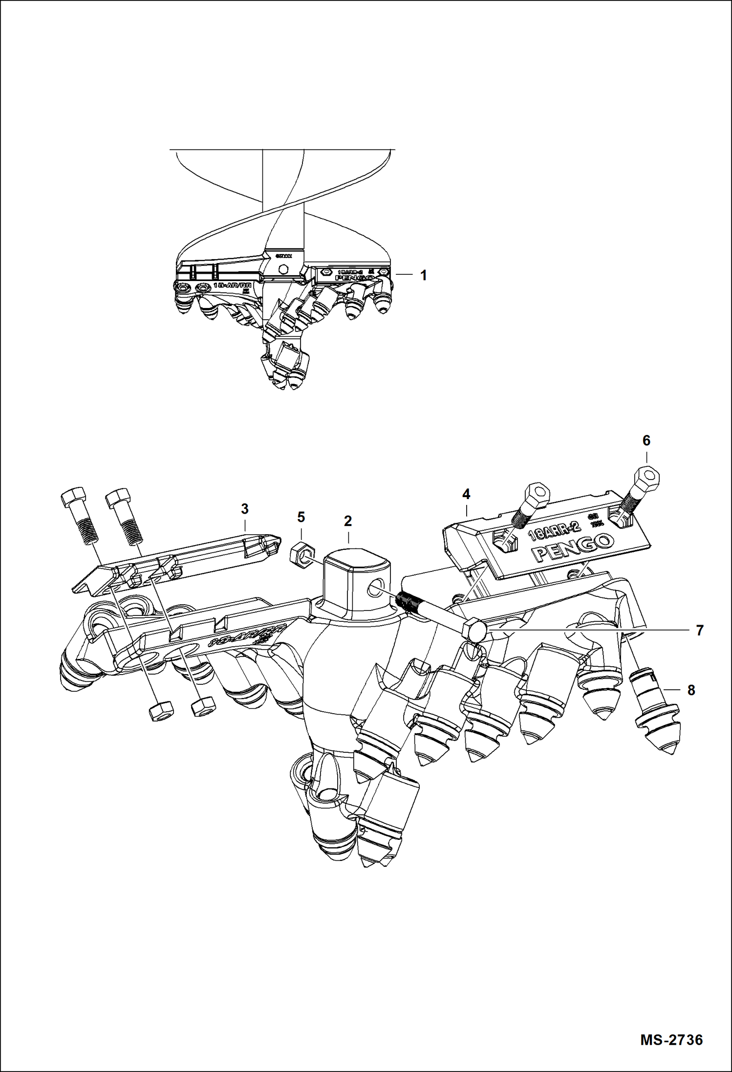 Схема запчастей Bobcat AUGERS - AUGER (Bolt-on Rock Head) (18) (With Cast (Rather Than Weld-on) Tooth Mount) (Model 15 & 30 Built 2008 & Newer) Loader