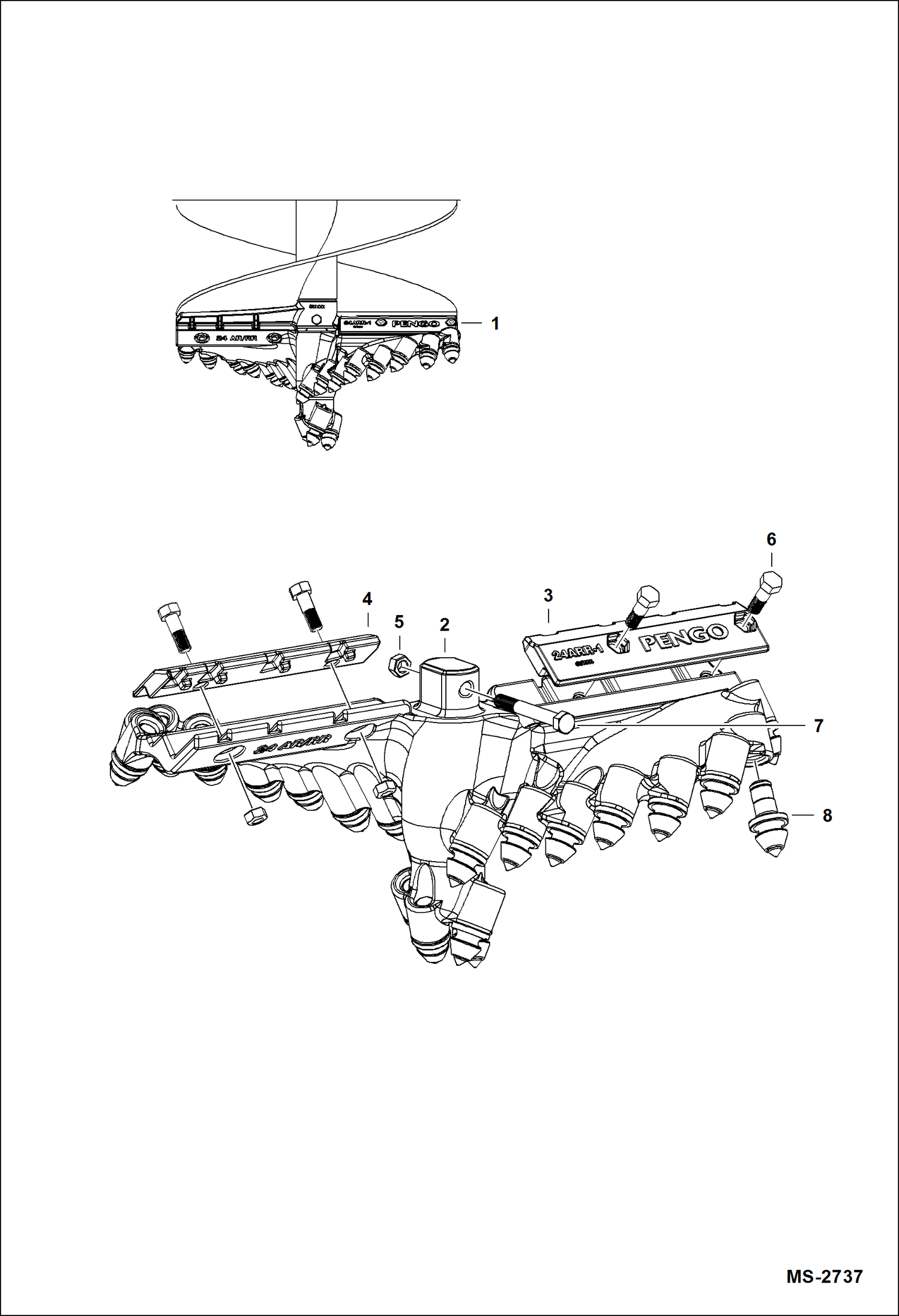 Схема запчастей Bobcat AUGERS - AUGER (Bolt-on Rock Head) (24) (With Cast (Rather Than Weld-on) Tooth Mounts) (Model 15 & 30 Built 2008 & Newer) Loader