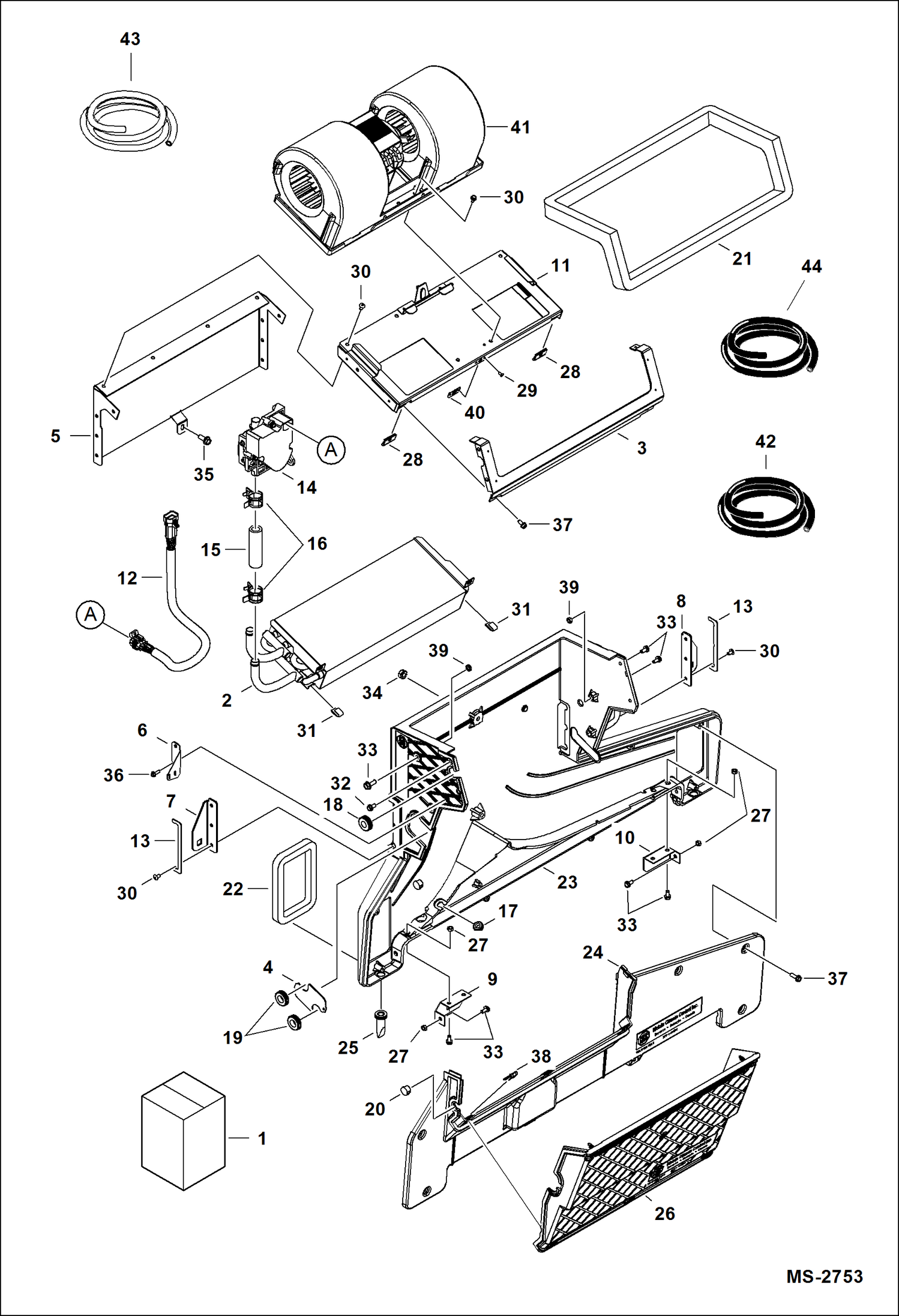 Схема запчастей Bobcat A-Series - HEATER & A/C (Heater Assembly) (Plastic Housing) (Two Piece Blower Mount) ACCESSORIES & OPTIONS