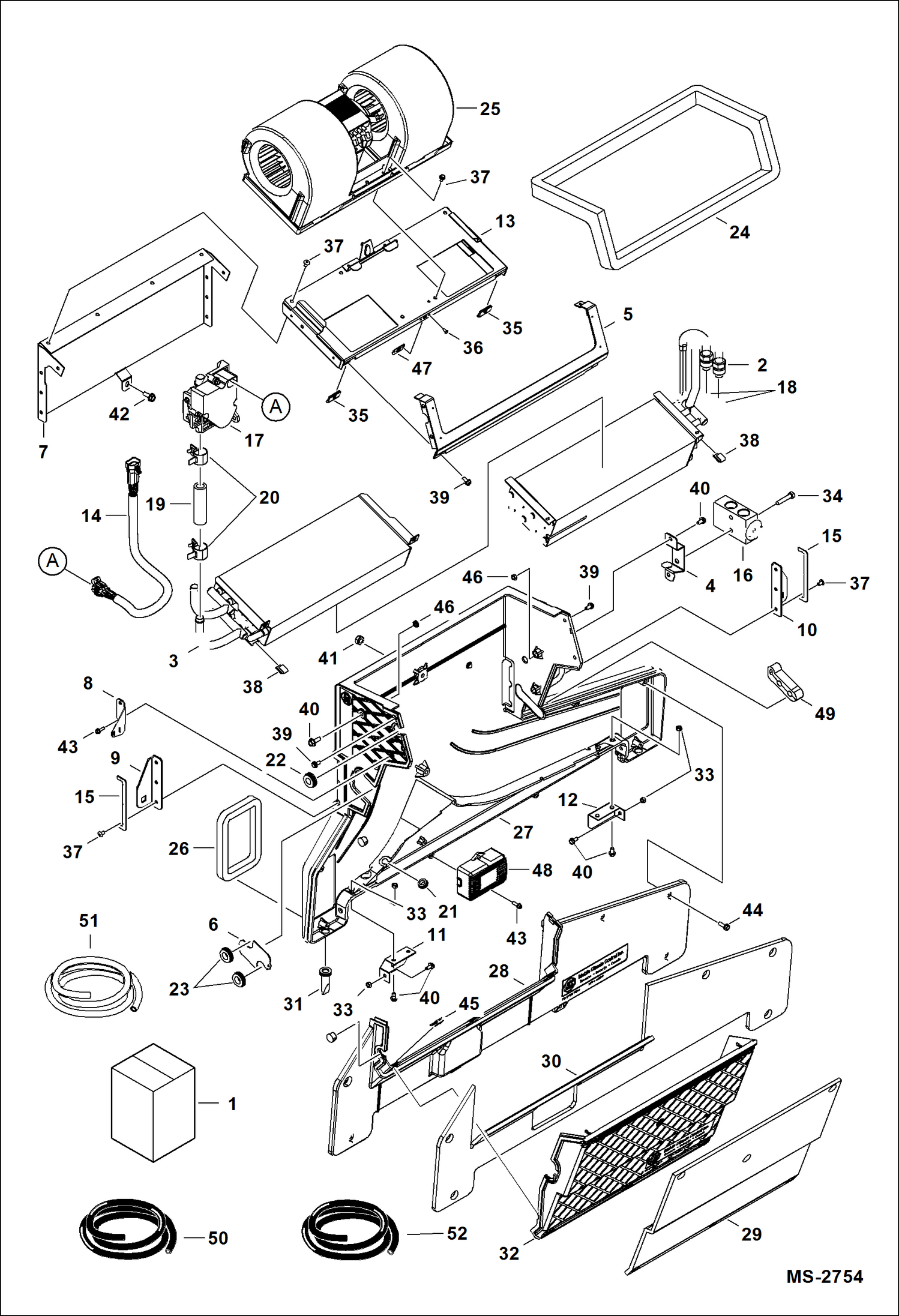 Схема запчастей Bobcat A-Series - HEATER & A/C (HVAC Assembly) (Plastic Housing) (Two Piece Blower Mount) ACCESSORIES & OPTIONS