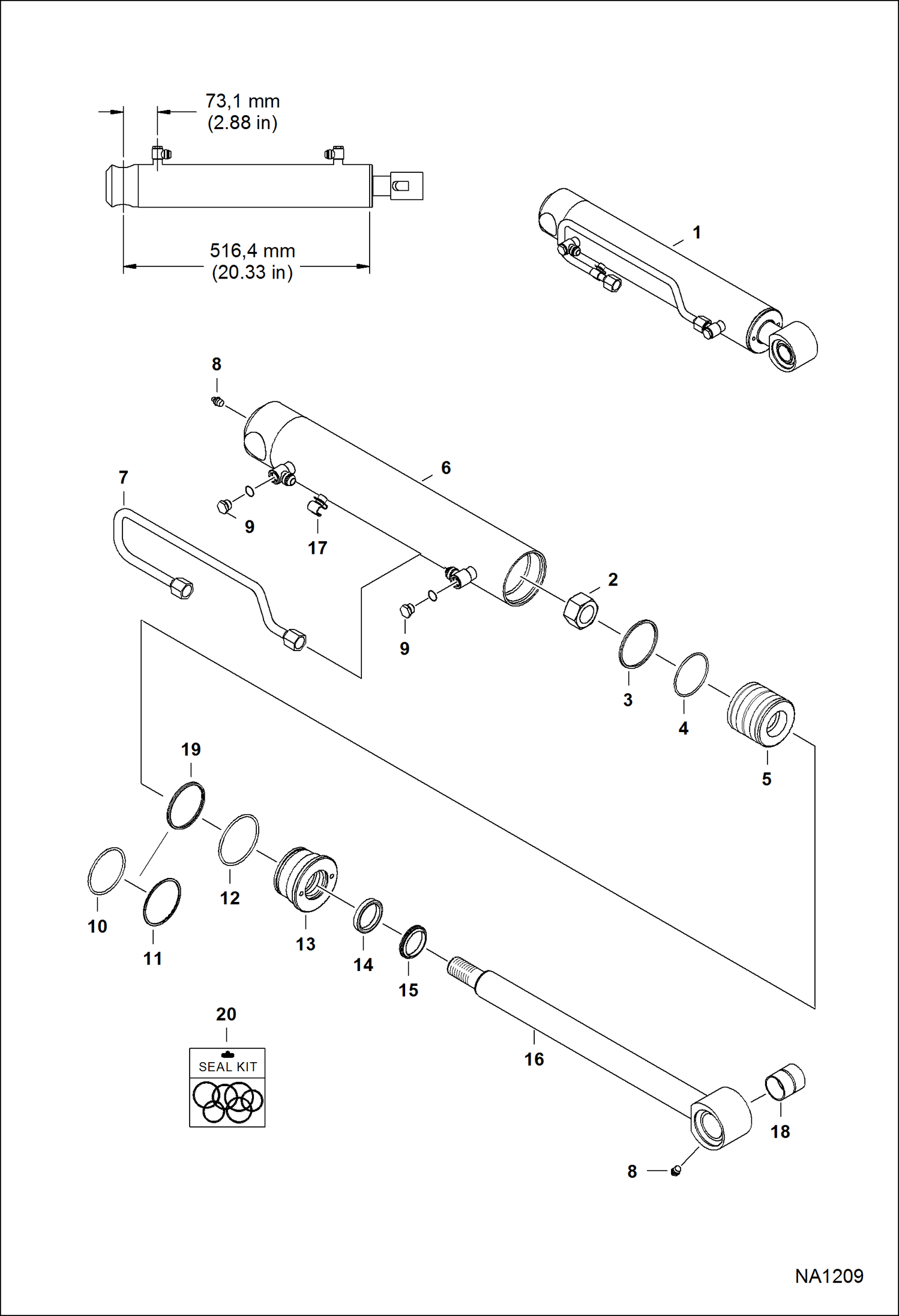 Схема запчастей Bobcat A-Series - TILT CYLINDER (LH) (516,4 mm - 20.33 Case Tube Length) HYDRAULIC SYSTEM