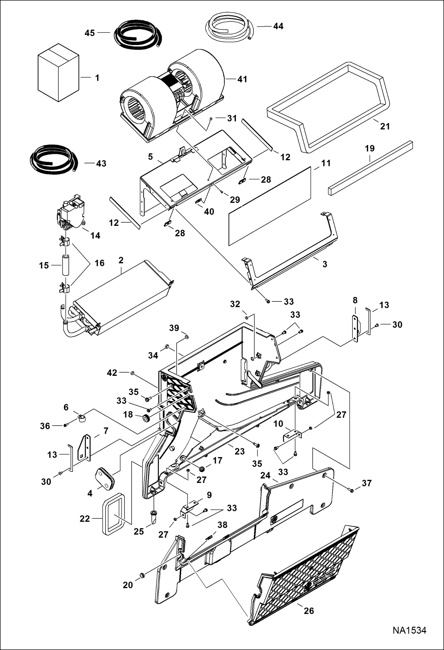 Схема запчастей Bobcat A-Series - HEATER & A/C (Heater Assembly) (Plastic Housing) (Blower Mount W/Coil Pan) ACCESSORIES & OPTIONS
