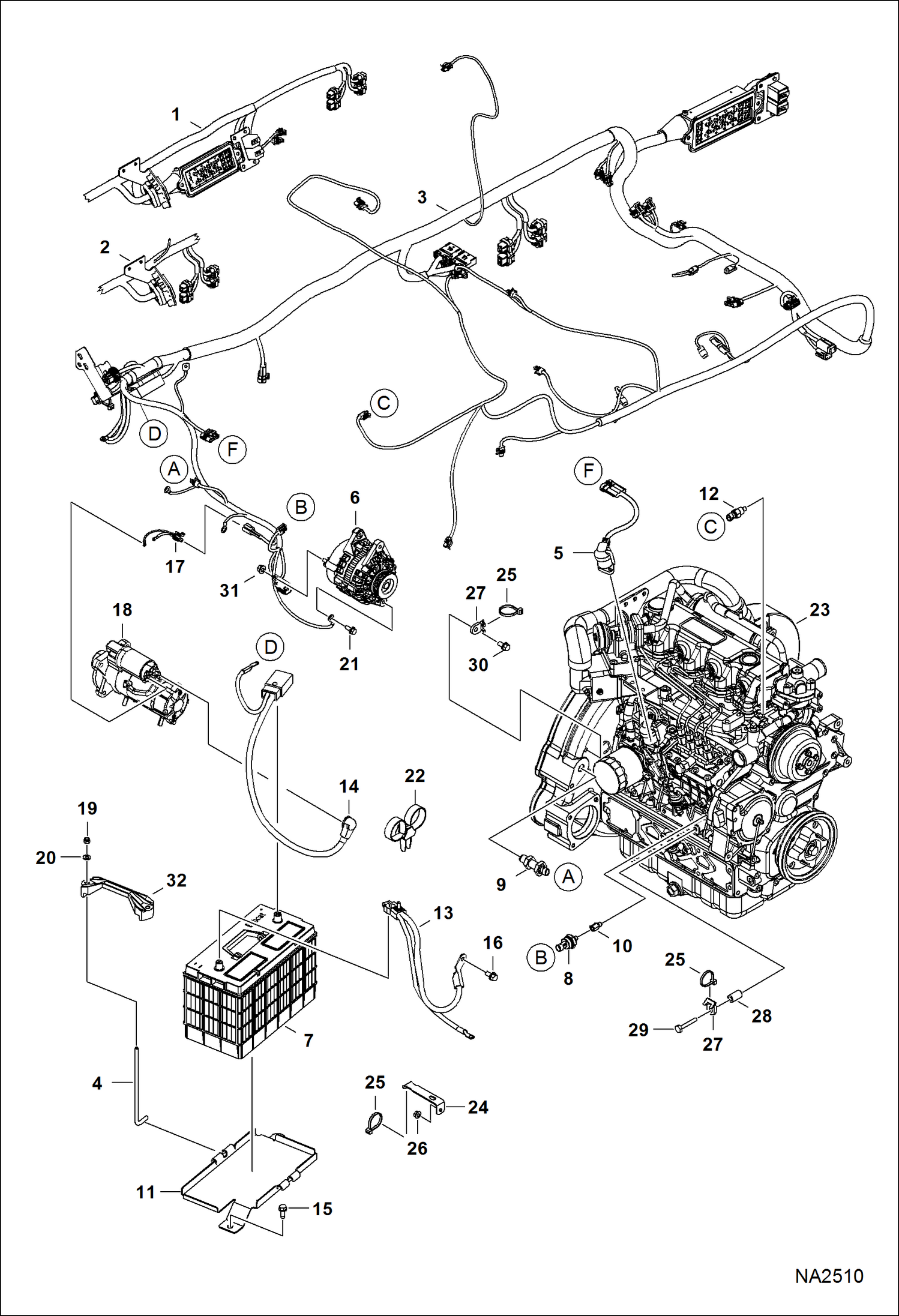 Схема запчастей Bobcat S-Series - ENGINE ELECTRICAL CIRCITRY (Engine Sensors, Battery, Alt & Starter) ELECTRICAL SYSTEM