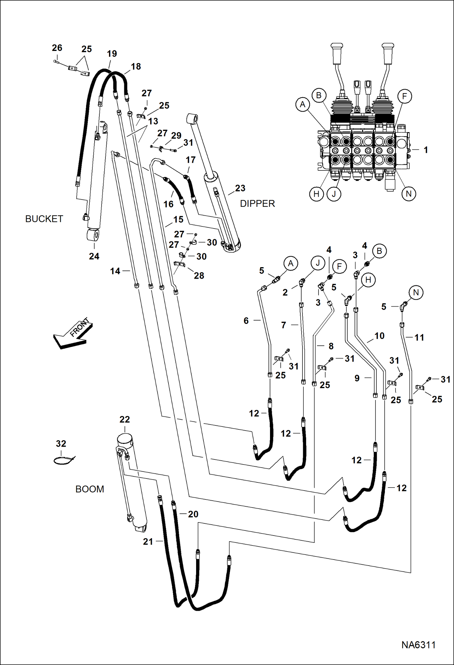 Схема запчастей Bobcat BACKHOE - BACKHOE (Boom Hydraulic Circuitry) (W/5 Sections) (607 A5CW) 607 BACKHOE