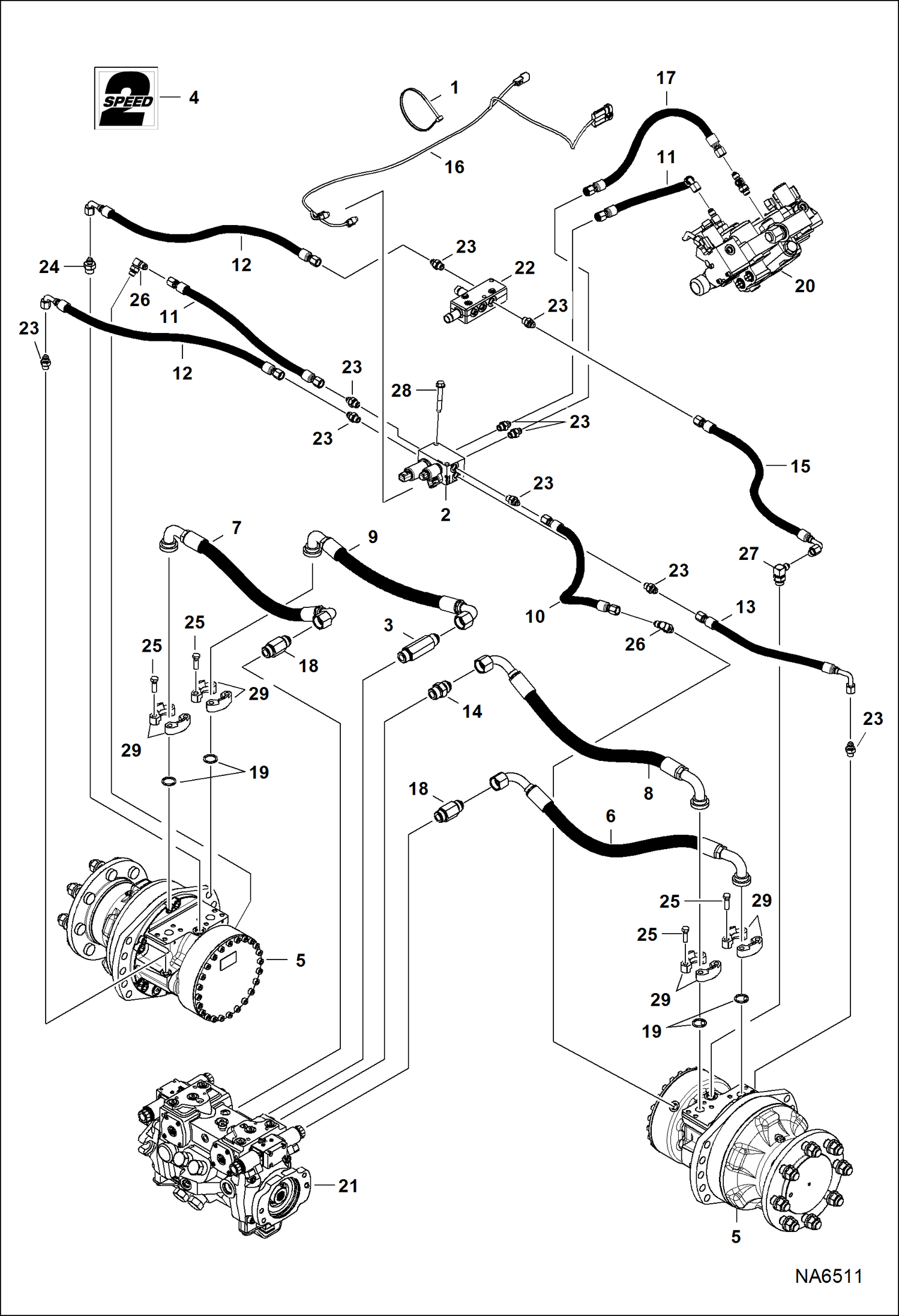 Схема запчастей Bobcat T-Series - HYDROSTATIC CIRCUITRY (2-Speed Motor) (S/N A3PG12800 & Abpve, A3PH12326 & Above) HYDROSTATIC SYSTEM