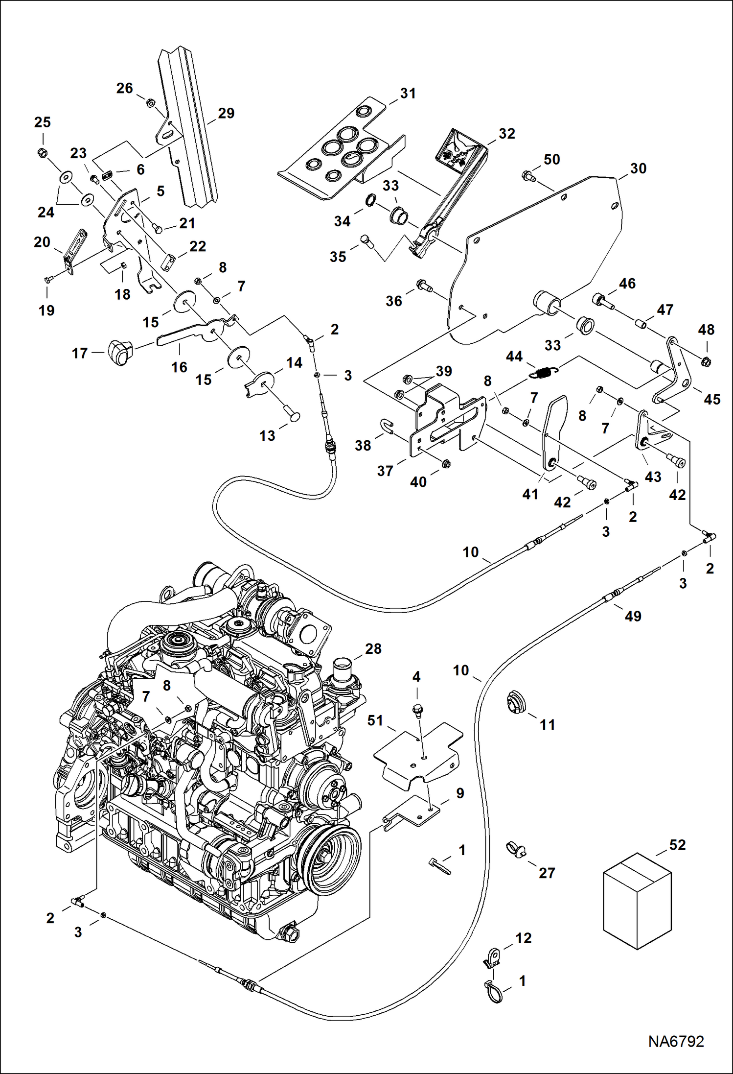 Схема запчастей Bobcat S-Series - ENGINE SPEED CONTROL (SJC) (3412 mm) (134.4) Hand Cable - (2292 mm) (90.3) Foot Cable POWER UNIT