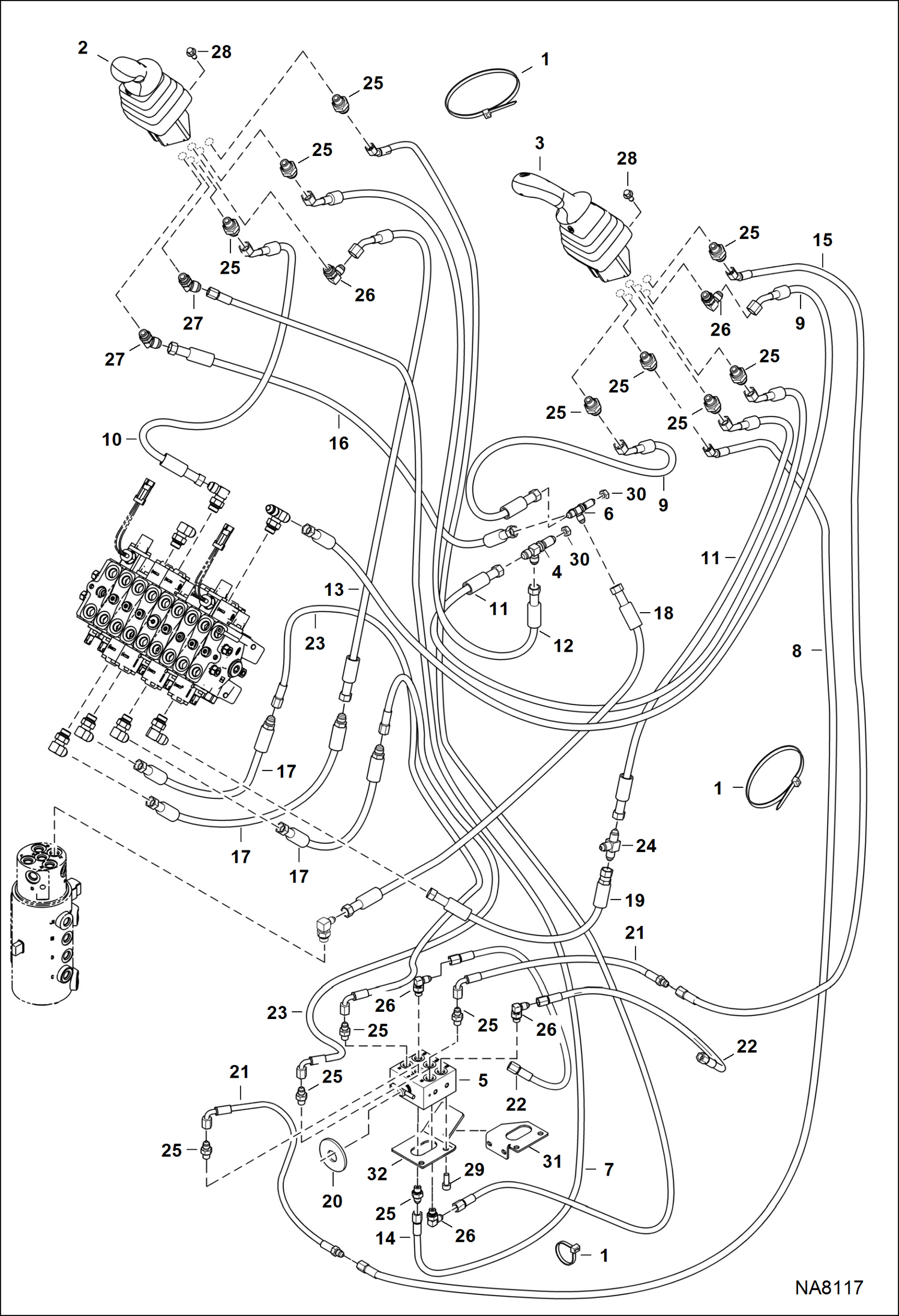 Схема запчастей Bobcat 324 - HYDRAULIC CIRCUITRY (Pilot) AKY522622 & Above HYDRAULIC SYSTEM