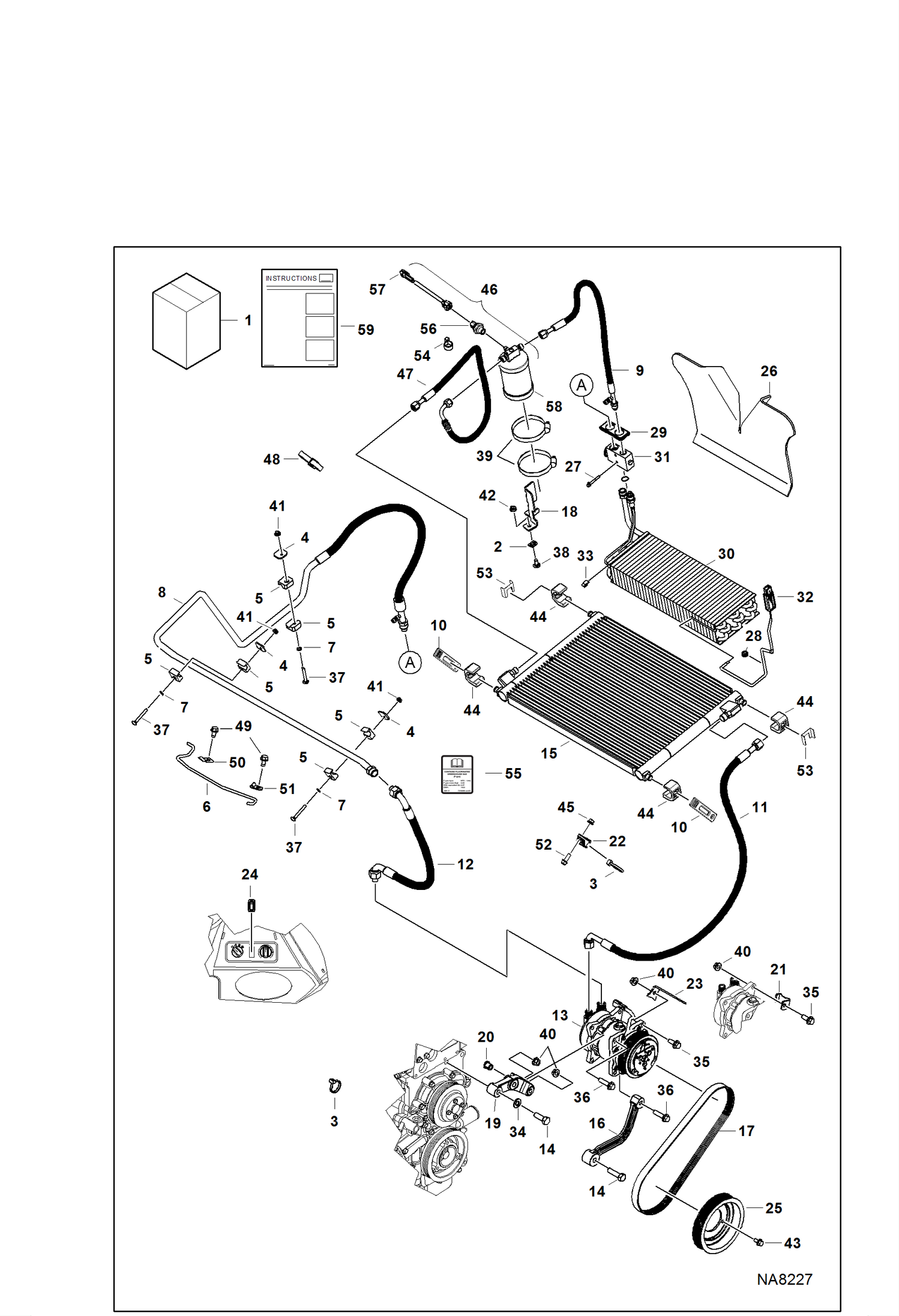 Схема запчастей Bobcat S-Series - HEATER & A/C (A/C Kit) (Heaters W/Plastic Housing) (S/N A3NT & Above, A3NU & Above) ACCESSORIES & OPTIONS