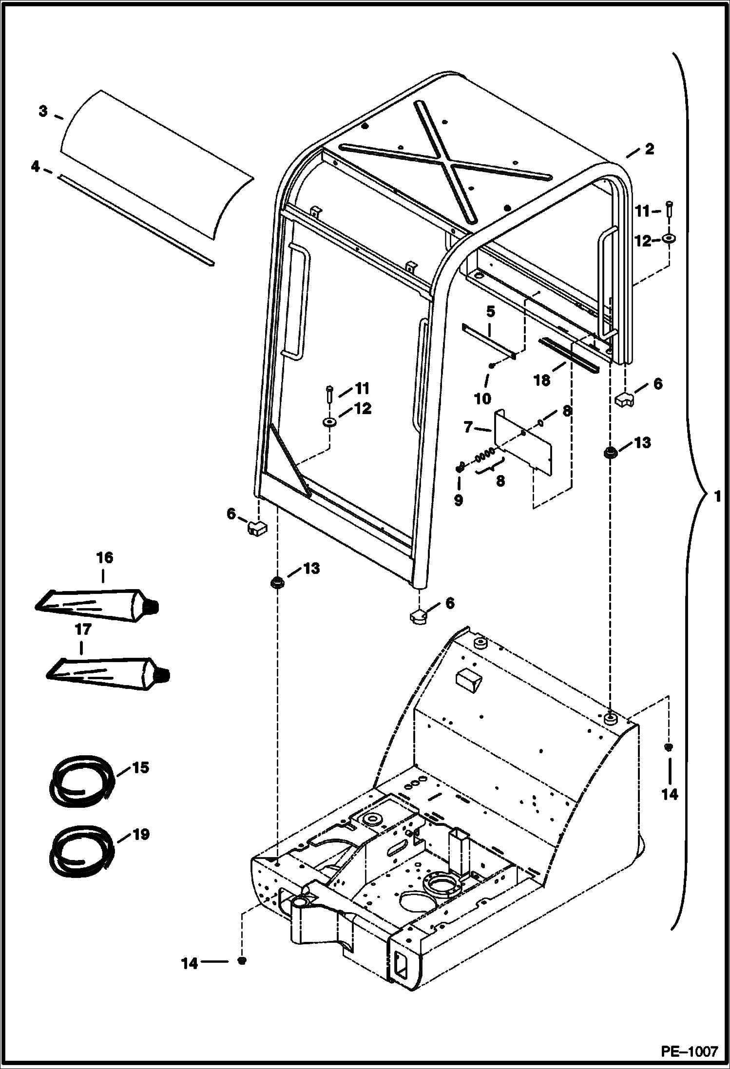 Схема запчастей Bobcat 322 - OPERATOR CANOPY (S/N 223811001-223813210, 223511001-223516768) MAIN FRAME