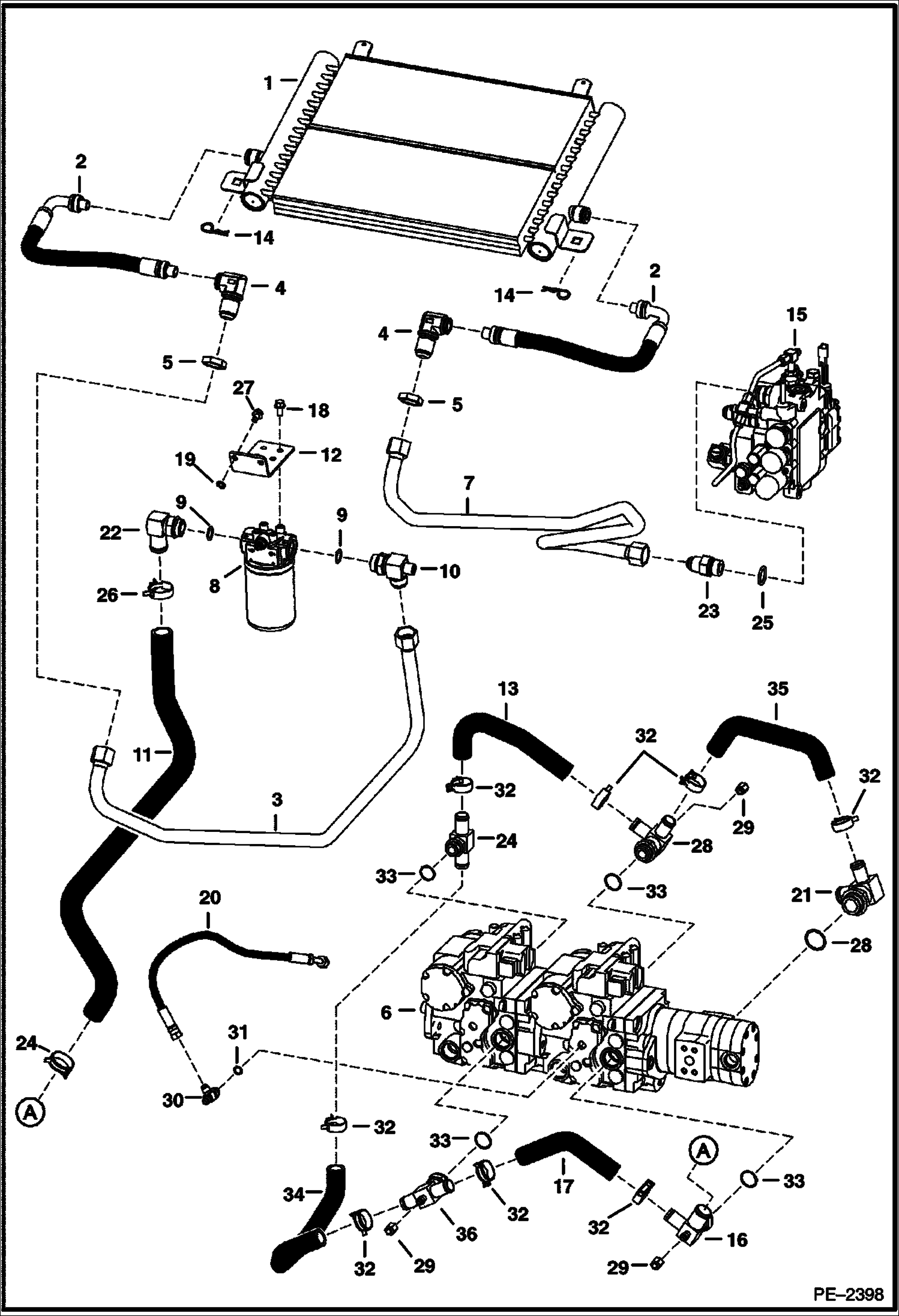 Схема запчастей Bobcat S-Series - HYDROSTATIC CIRCUITRY (W/Cooler)(W/SJC)(S/N 521313913, 521411181, 521512100, 521611030 & Abv) (S/N 526011001-15999, 526111001-11999, 525811001-14999, 525911001-11999) HYDROSTATIC SYSTEM
