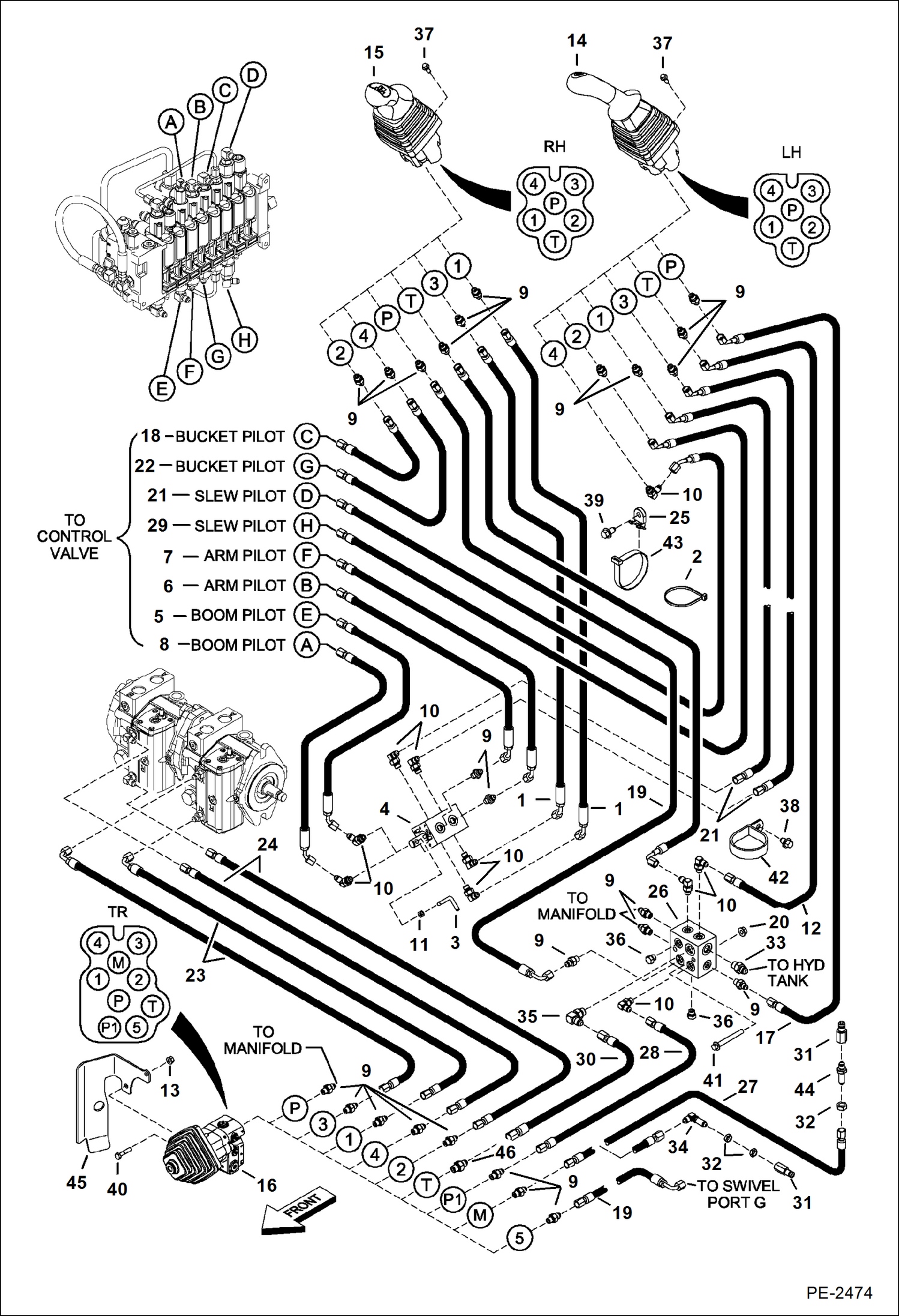 Схема запчастей Bobcat 430 - HYDRAULIC/HYDROSTATIC CIRCUITRY (Pilot) (ISO/STD) (S/N 563012775 & Below) HYDRAULIC/HYDROSTATIC SYSTEM