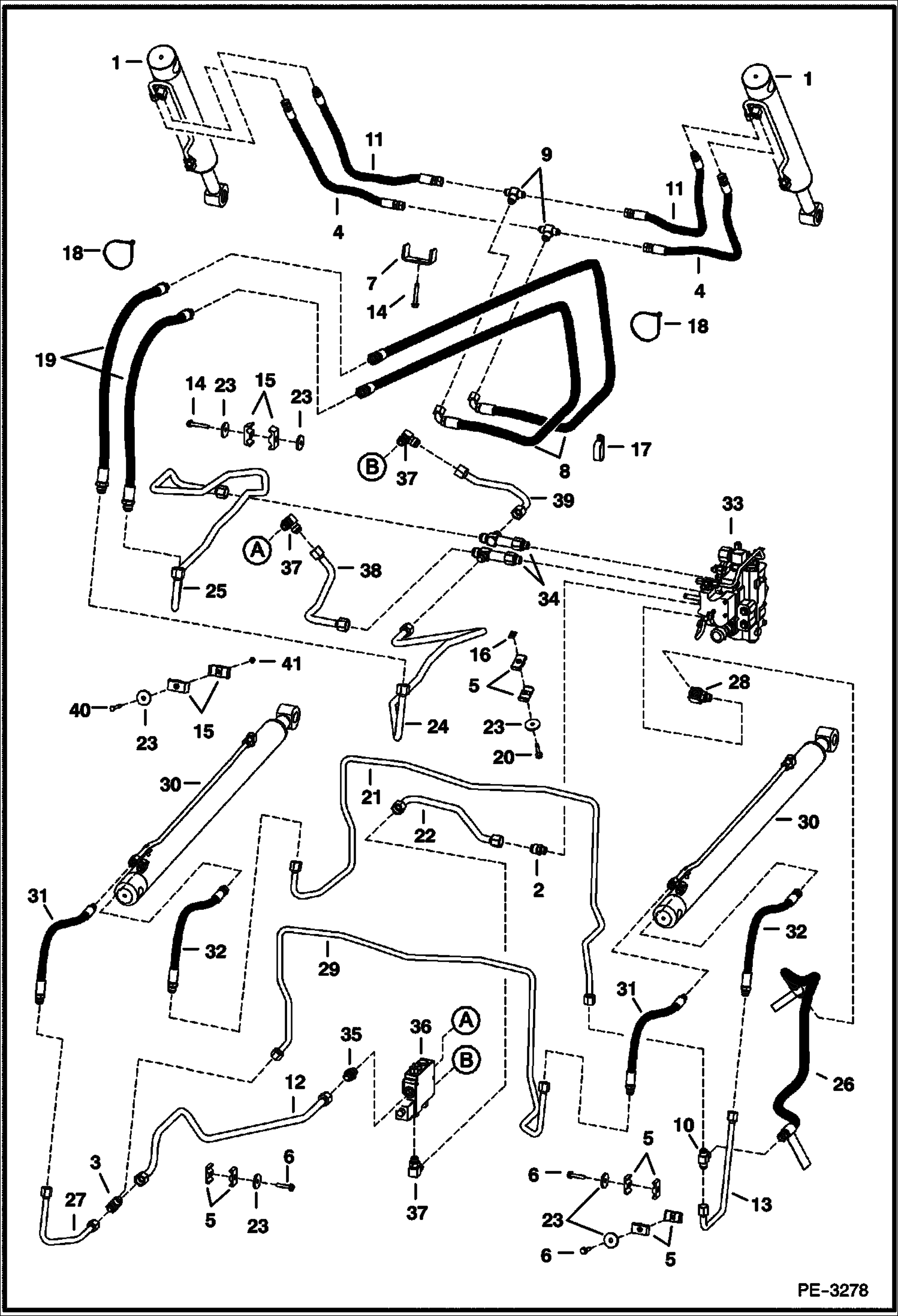 Схема запчастей Bobcat T-Series - HYDRAULIC CIRCUITRY (W/Bucket Positioning Valve) (W/Cooling Upgrade) (S/N 531812826 & Above, 531911355 & Above) HYDRAULIC SYSTEM