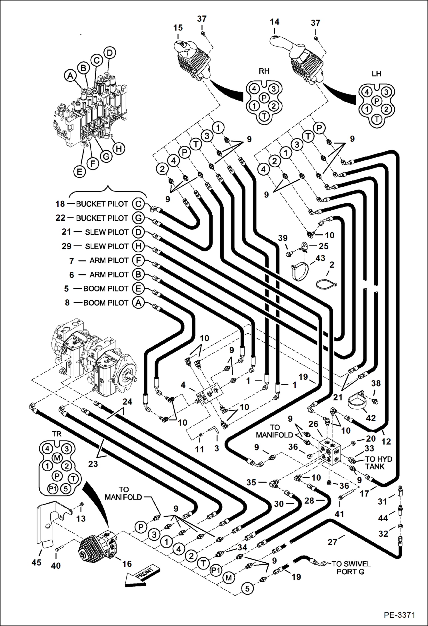 Схема запчастей Bobcat 430 - HYDRAULIC/HYDROSTATIC CIRCUITRY (Pilot) (ISO/STD) (S/N 563012776-563014292) HYDRAULIC/HYDROSTATIC SYSTEM