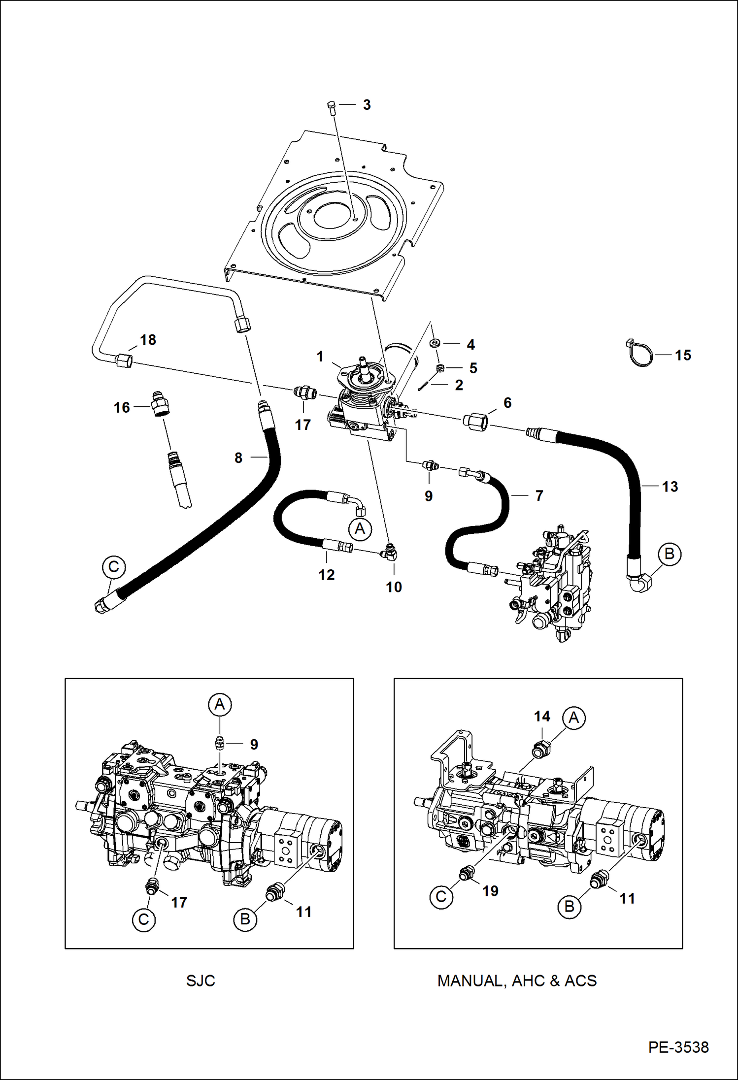 Схема запчастей Bobcat A-Series - HYDROSTATIC CIRCUITRY (W/Cooling Fan Motor) (S/N 539940001 & Above, 540040001 & Above) HYDROSTATIC SYSTEM