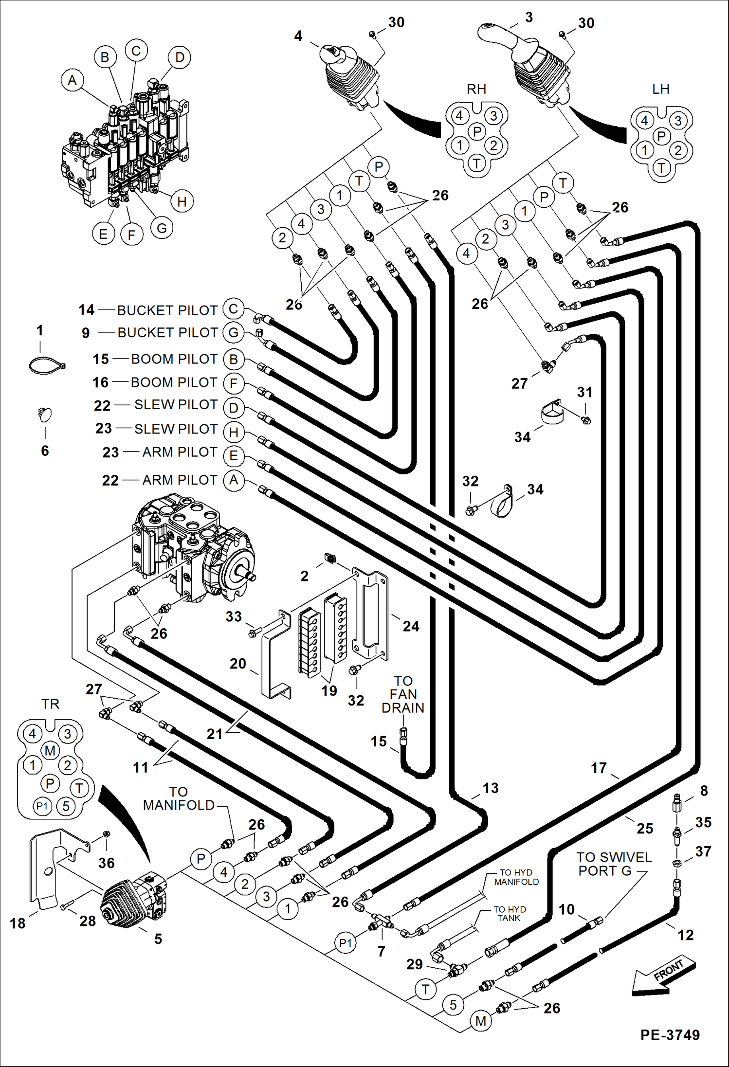 Схема запчастей Bobcat 430 - HYDRAULIC/HYDROSTATIC CIRCUITRY (Pilot) (S/N 563014293 & Above) HYDRAULIC/HYDROSTATIC SYSTEM
