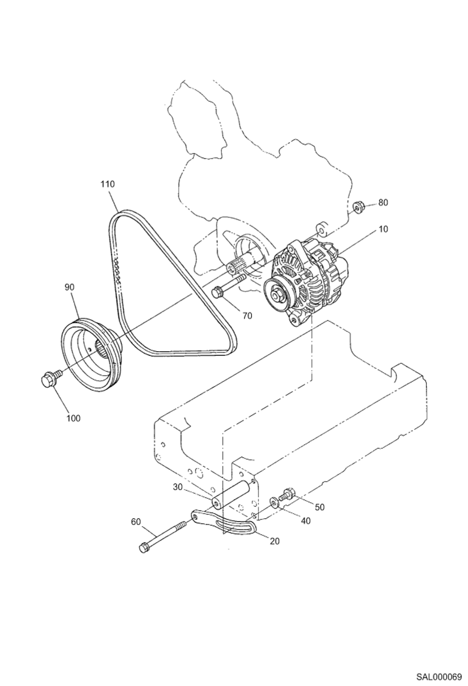 Схема запчастей Bobcat AL350 - ALTERNATOR AND PULLEY POWER UNIT