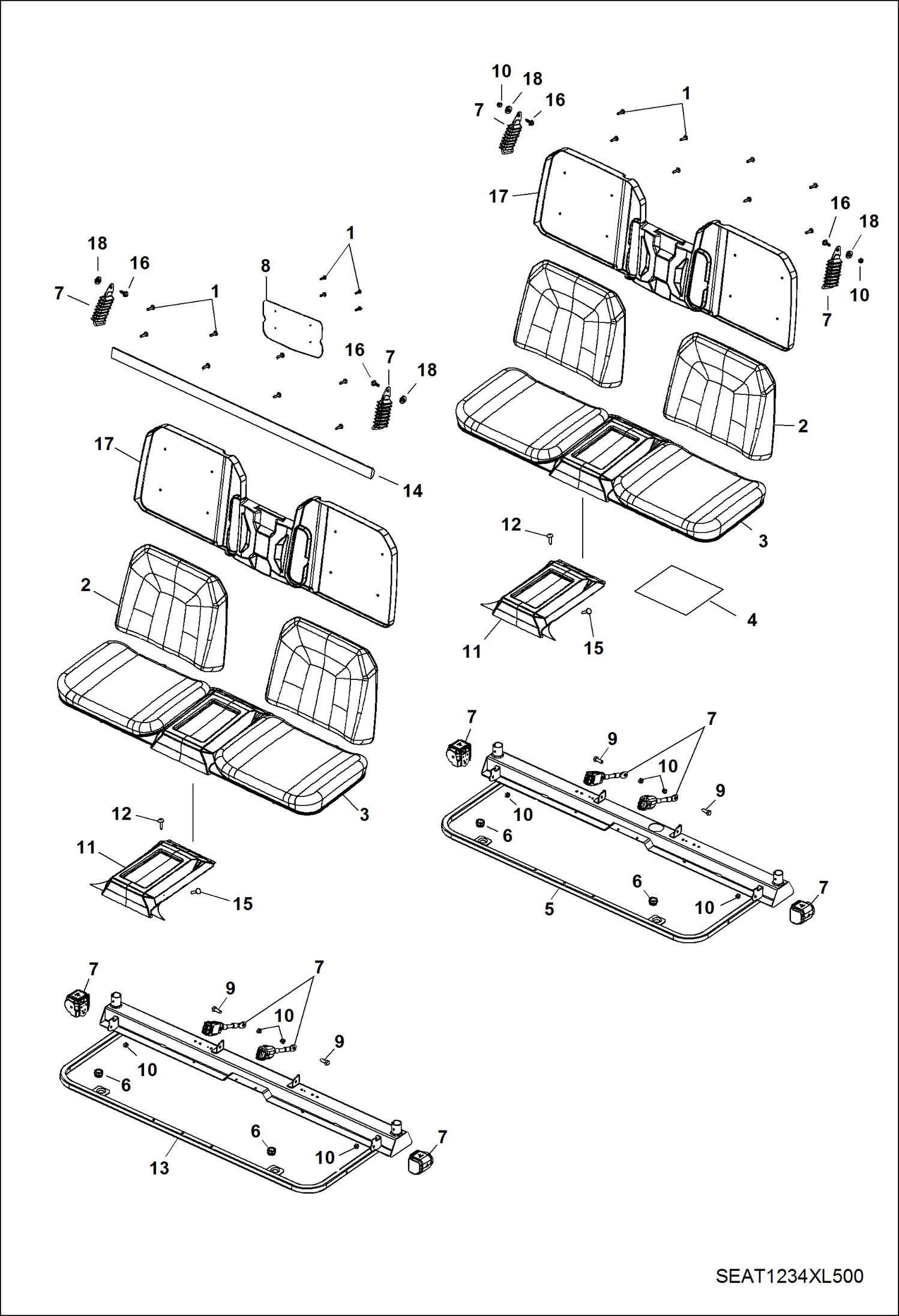 Схема запчастей Bobcat 3400XL - BODY, SEAT & BASE (Bucket Seat) (S/N AJNW20001 & Above) MAIN FRAME