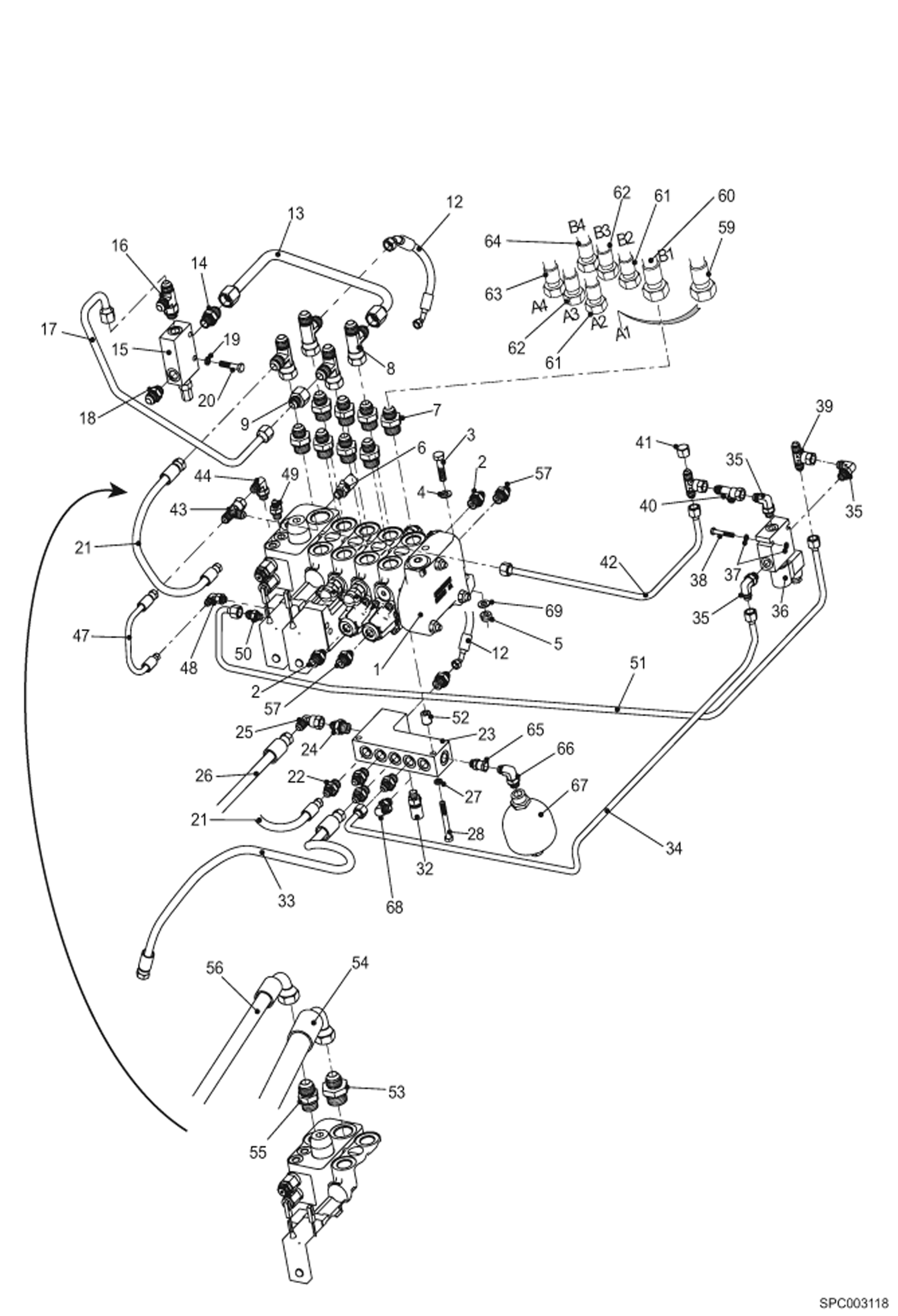Схема запчастей Bobcat V518 - HYDRAULIC CONTROL VALVE INSTALLATION HYDRAULIC SYSTEM