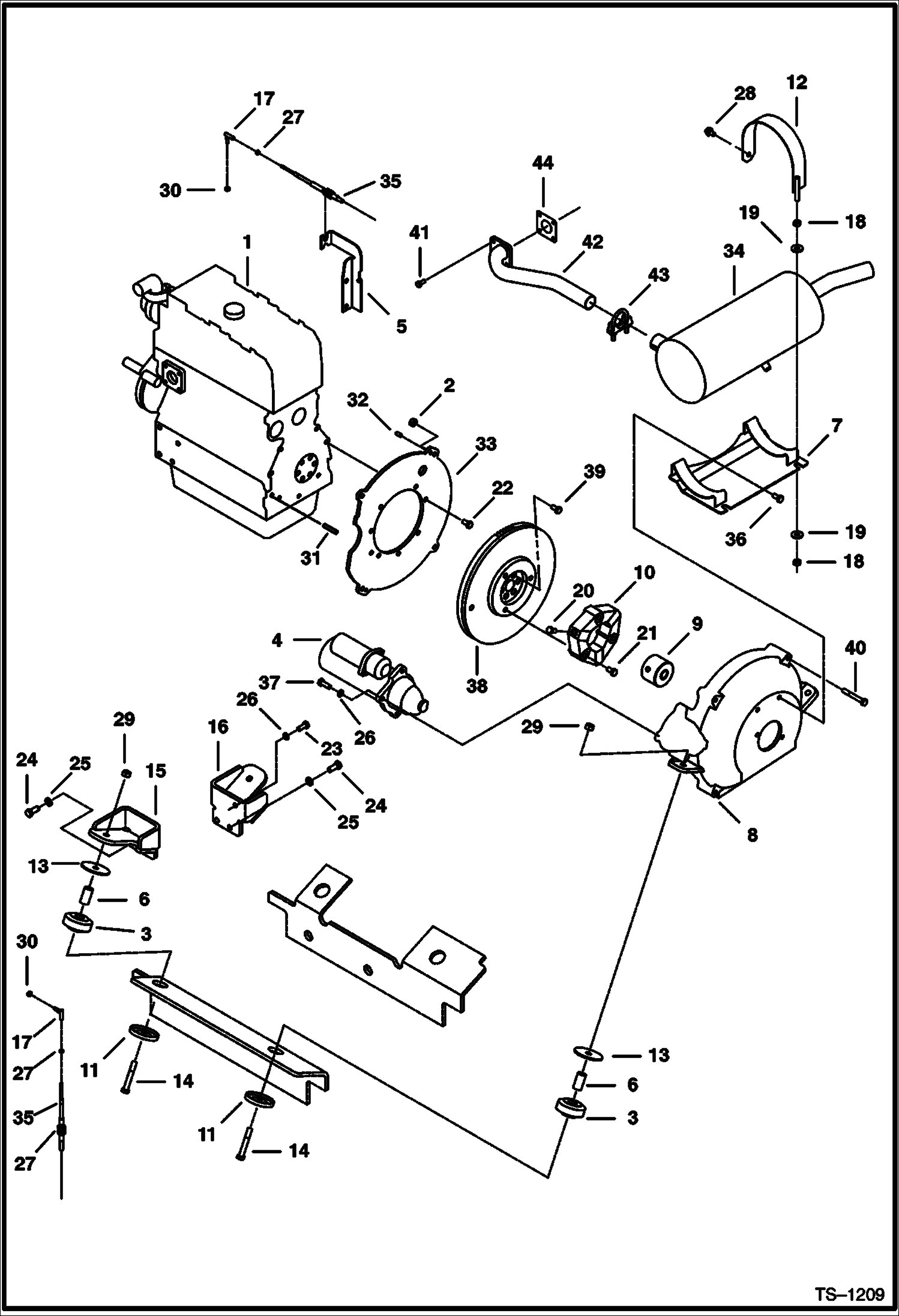 Схема запчастей Bobcat 331 - ENGINE MOUNTING, FLYWHEEL, STARTER & MUFFLER (S/N 512911001-512911386) POWER UNIT