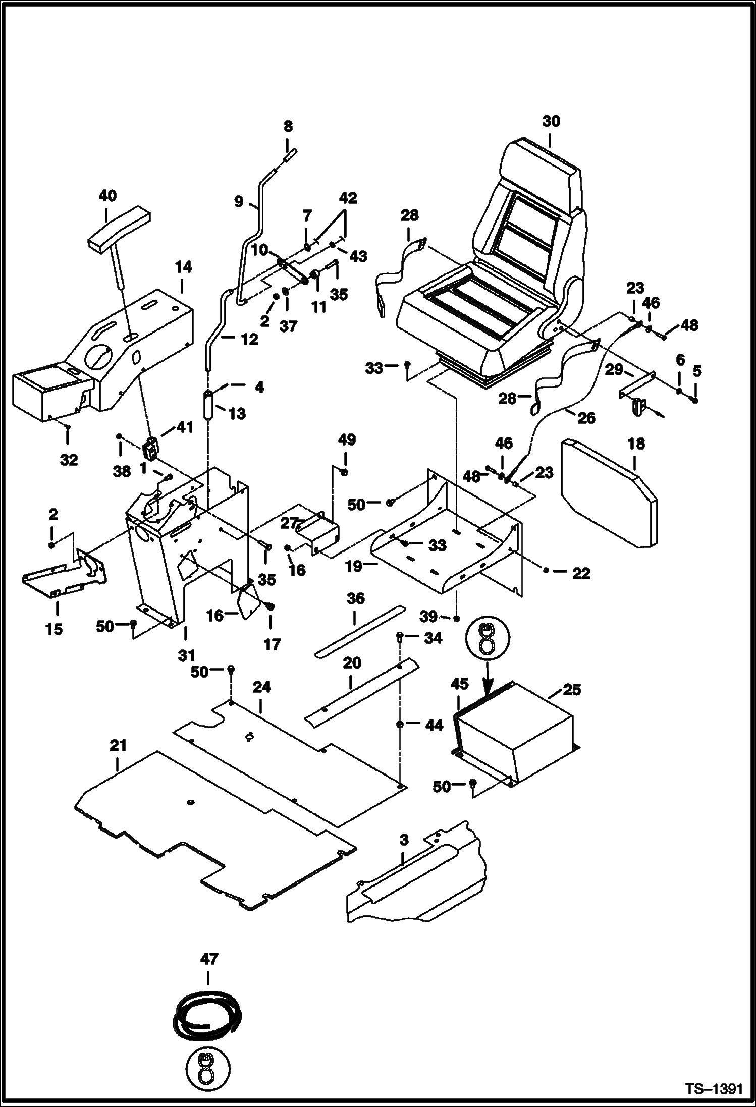 Схема запчастей Bobcat 331 - CONTROL CONSOLE, FLOORBOARDS AND SEAT (S/N 512913001 - 512915199) CONTROLS