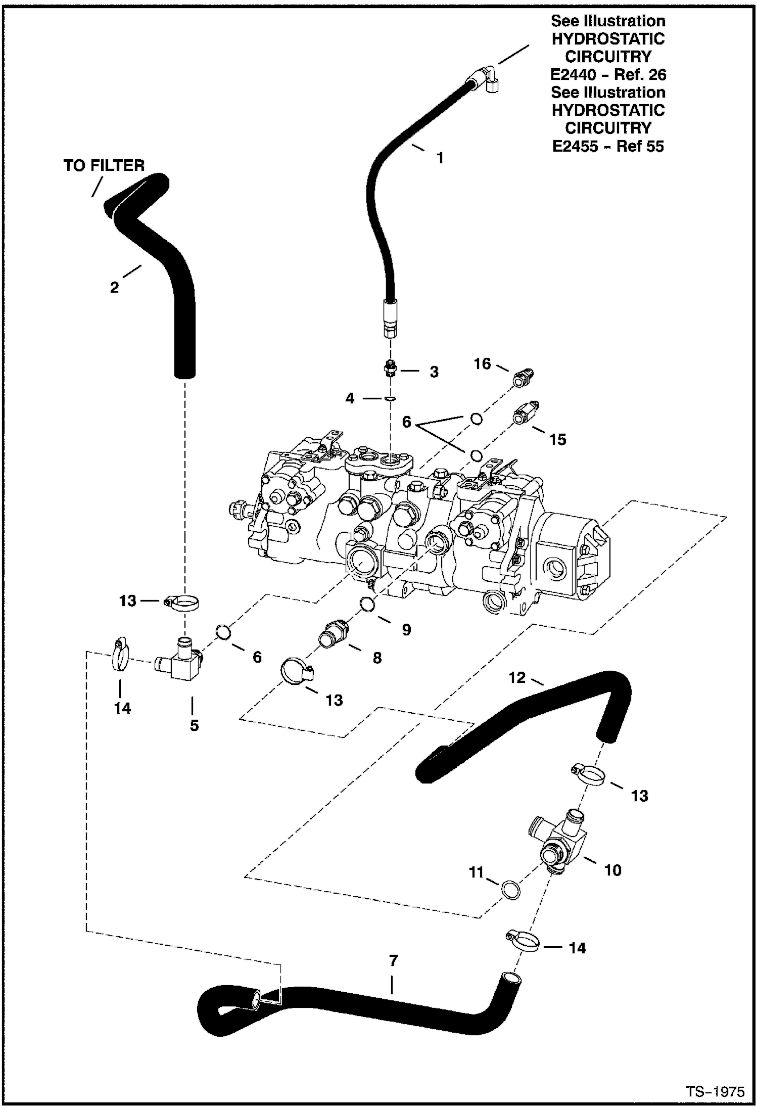 Схема запчастей Bobcat 800s - HYDROSTATIC CIRCUITRY (M46 Pump Option) (S/N 5144 25001, 5145 25001 & 5146 25001 & Above) HYDROSTATIC SYSTEM
