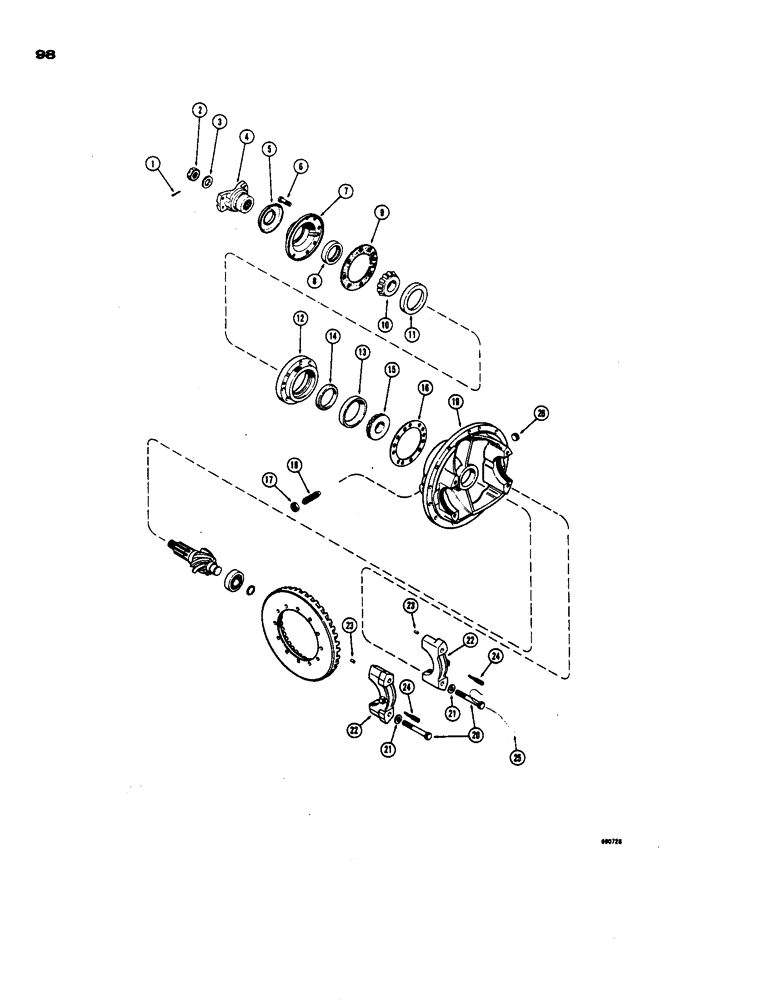 Схема запчастей Case W24 - (098) - REAR AXLE DIFFERENTIAL, DRIVE SHAFT YOKE, CAGE AND CARRIER BEFORE TRACTOR SN.9105061 (06) - POWER TRAIN