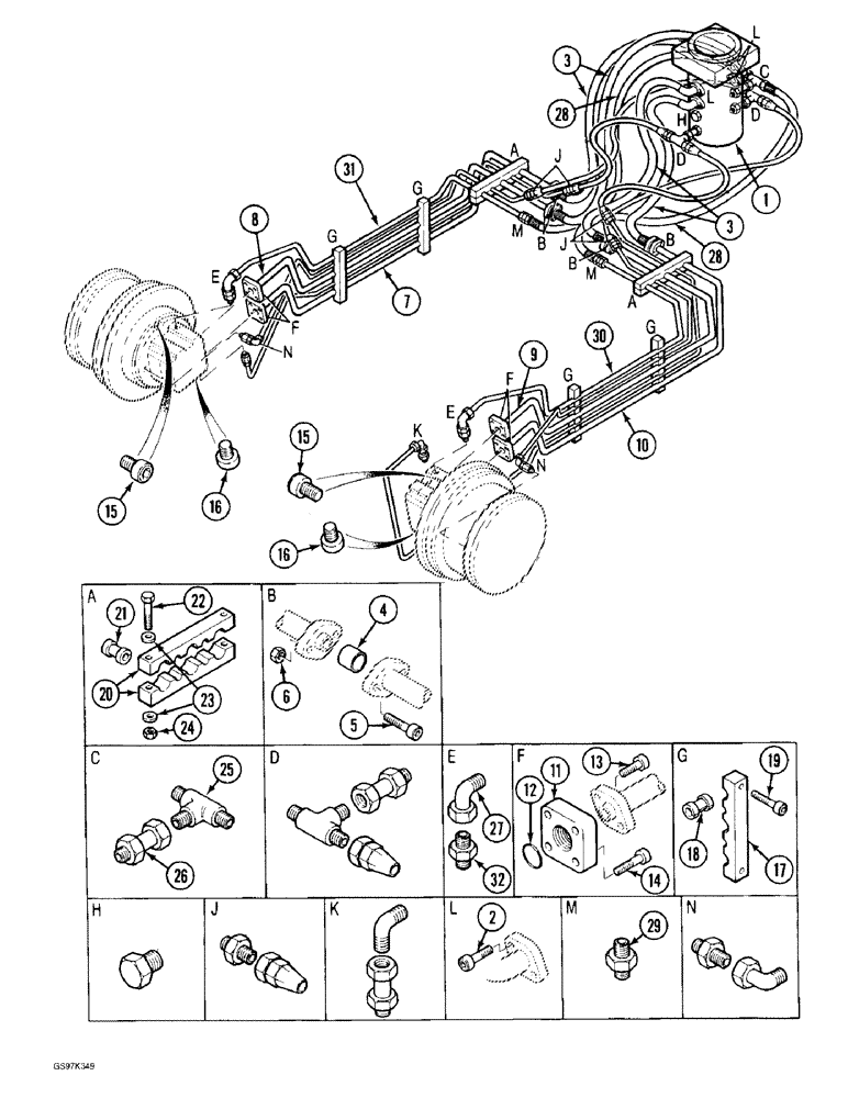 Схема запчастей Case 170C - (7-02) - TRACK DRIVE, DRIVE RANGE AND BRAKE HYDRAULIC LINES (07) - BRAKES