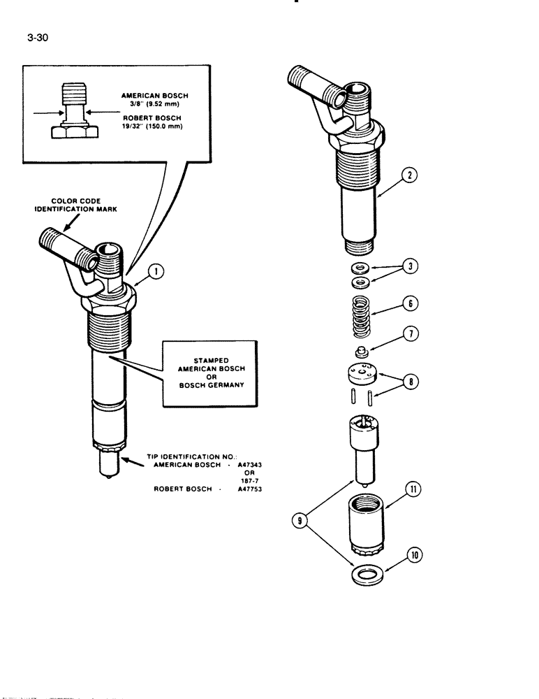 Схема запчастей Case W18B - (3-30) - FUEL INJECTOR NOZZLE, 504BD AND 504BDT ENGINE, BLUE COLOR CODE IDENTIFICATION (03) - FUEL SYSTEM