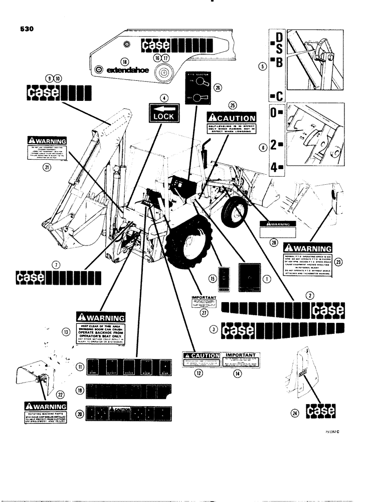 Схема запчастей Case 580C - (530) - DECALS, BEFORE S/N 8982785, EQUIPMENT (09) - CHASSIS/ATTACHMENTS