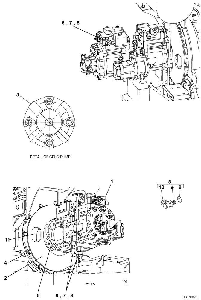 Схема запчастей Case CX135SR - (08-004) - PUMP AND COUPLING - MODELS WITH DOZER BLADE (08) - HYDRAULICS