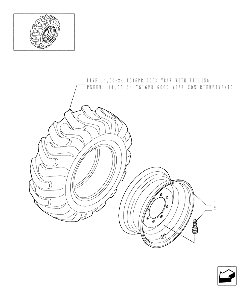 Схема запчастей Case TX1055 - (9.03202[01]) - WHEELS - 14,00X24X16 PLY WITH FILLING - OPTIONAL CODE 857406711 (44) - WHEELS