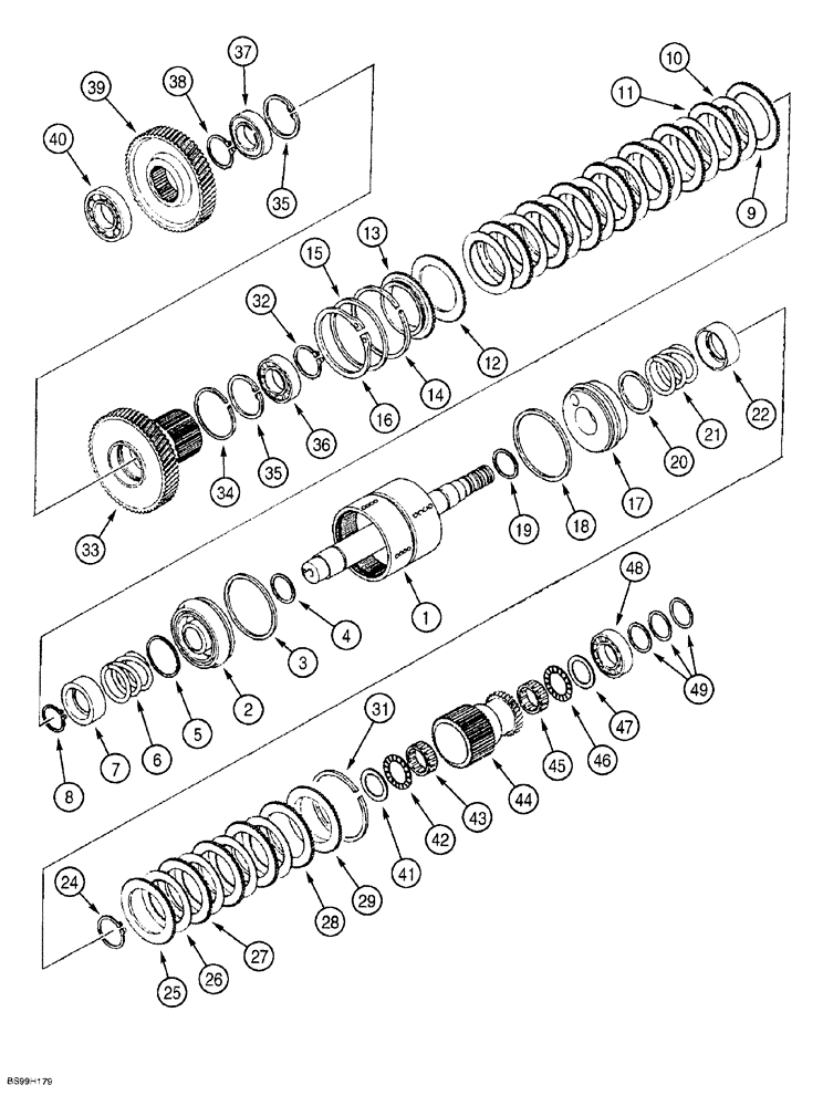 Схема запчастей Case 580SL - (6-130) - CLARK POWERSHIFT TRANSMISSION ASSEMBLY, CLUTCH AND PINIONS, HIGH SPEED AND LOW SPEED, FORWARD DRIVE (06) - POWER TRAIN