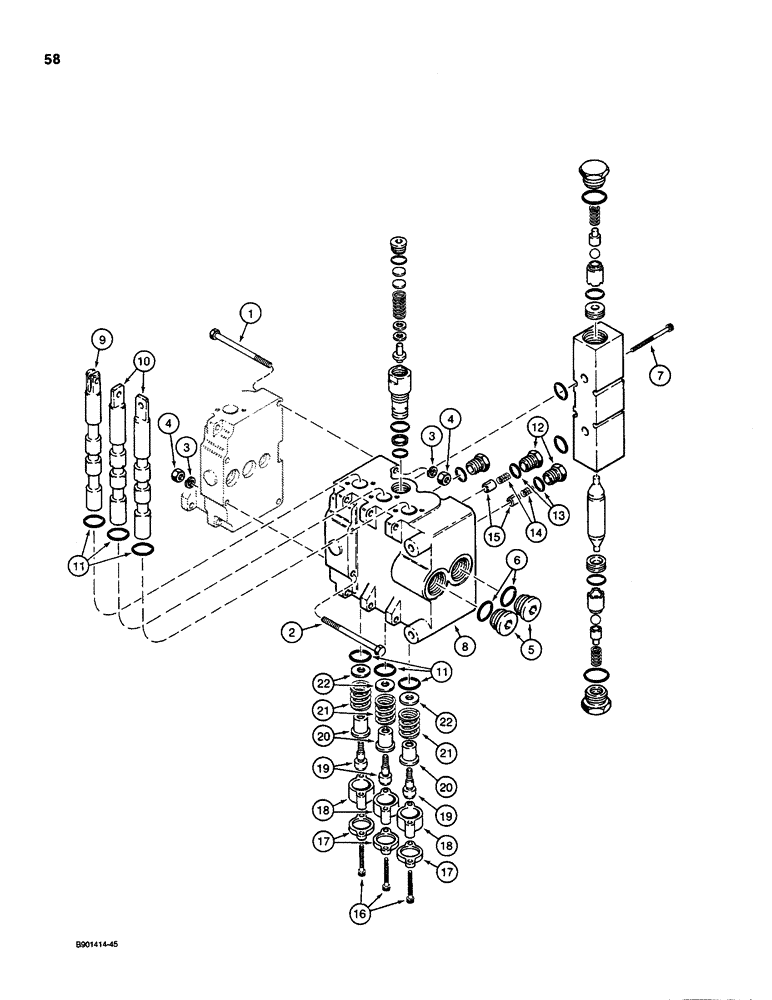 Схема запчастей Case D130 - (8-058) - BACKHOE CONTROL VALVE - DUKE, OUTLET SETION, USED ON 1835C, 1840 & 1845C UNI-LOADERS 