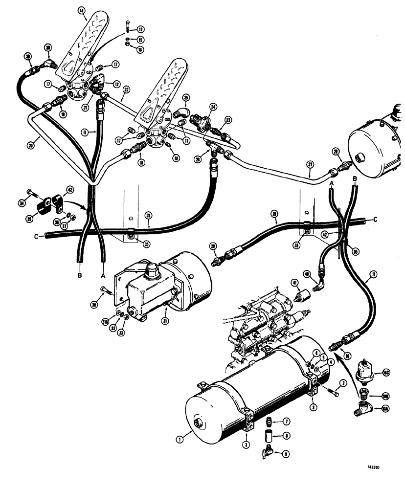 Схема запчастей Case W20 - (184) - BRAKE SYSTEM RESERVOIR TO TREADLES, MASTER CYLINDERS AND CLUTCH CUTOUT (07) - BRAKES