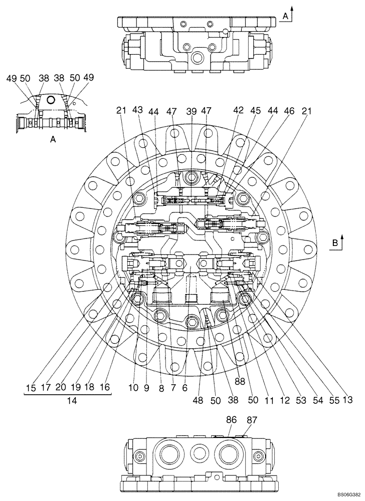 Схема запчастей Case CX210 - (06-03A) - MOTOR ASSY - TRAVEL, INLET AND OUTLET (06) - POWER TRAIN