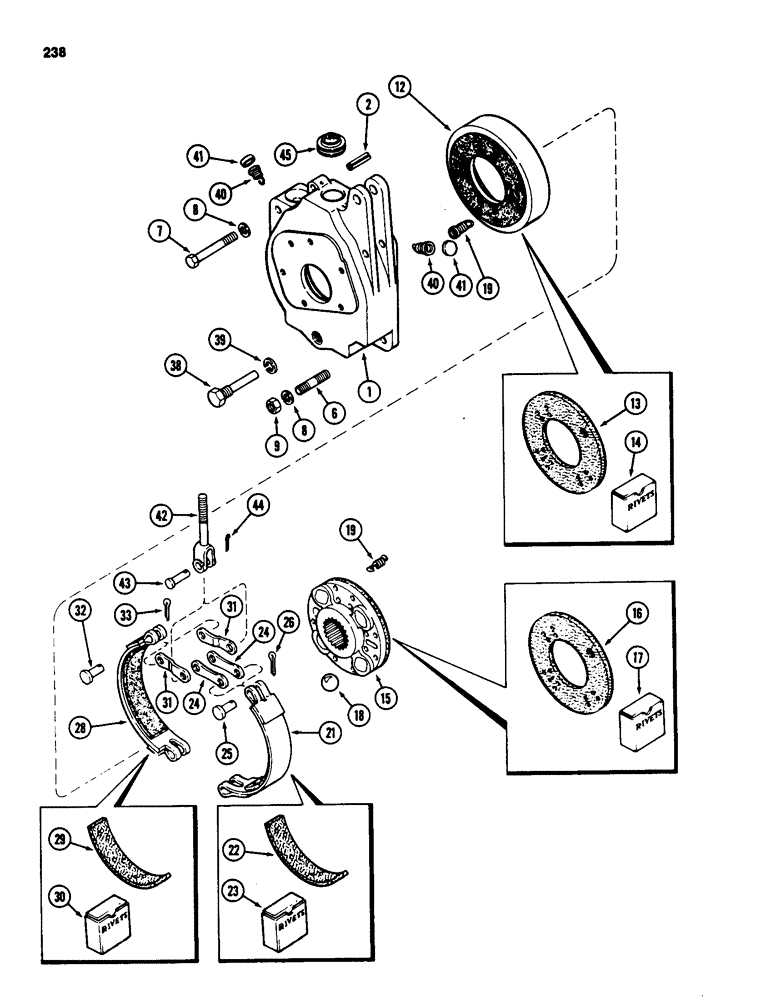 Схема запчастей Case 580D - (238) - TRANSAXLE DIFFERENTIAL BRAKE HOUSING AND BRAKE, WITHOUT TURBOCHARGER (07) - BRAKES