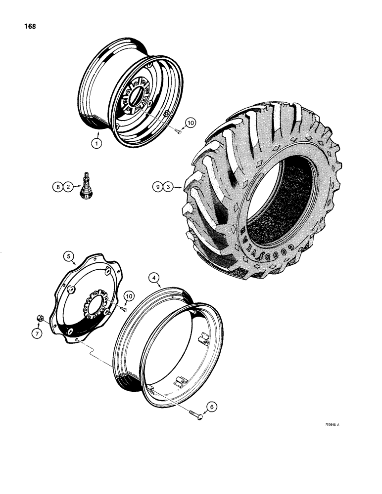 Схема запчастей Case 480C - (168) - REAR WHEELS AND TIRES, 13.6 X 24 AND 14.9 X 24 FIXED DISC WHEEL. (44) - WHEELS