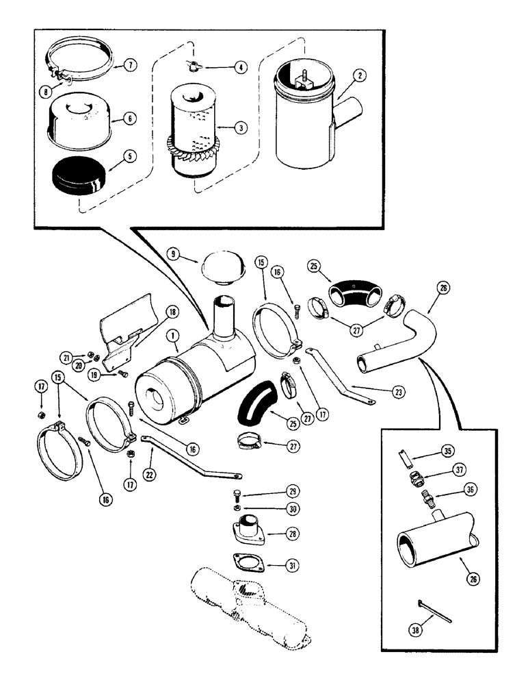 Схема запчастей Case 580B - (017A) - AIR CLEANER, (188) DIESEL ENGINE, WITH CAST IRON INTAKE MANIFOLD USED PRIOR TO ENG SN 2740820 (02) - ENGINE