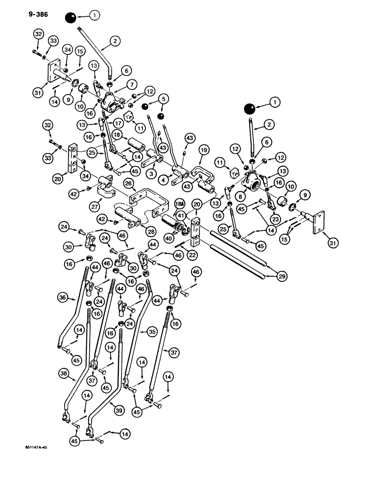 Схема запчастей Case 680K - (9-386) - BACKHOE CONTROLS WITH HAND SWING (09) - CHASSIS/ATTACHMENTS