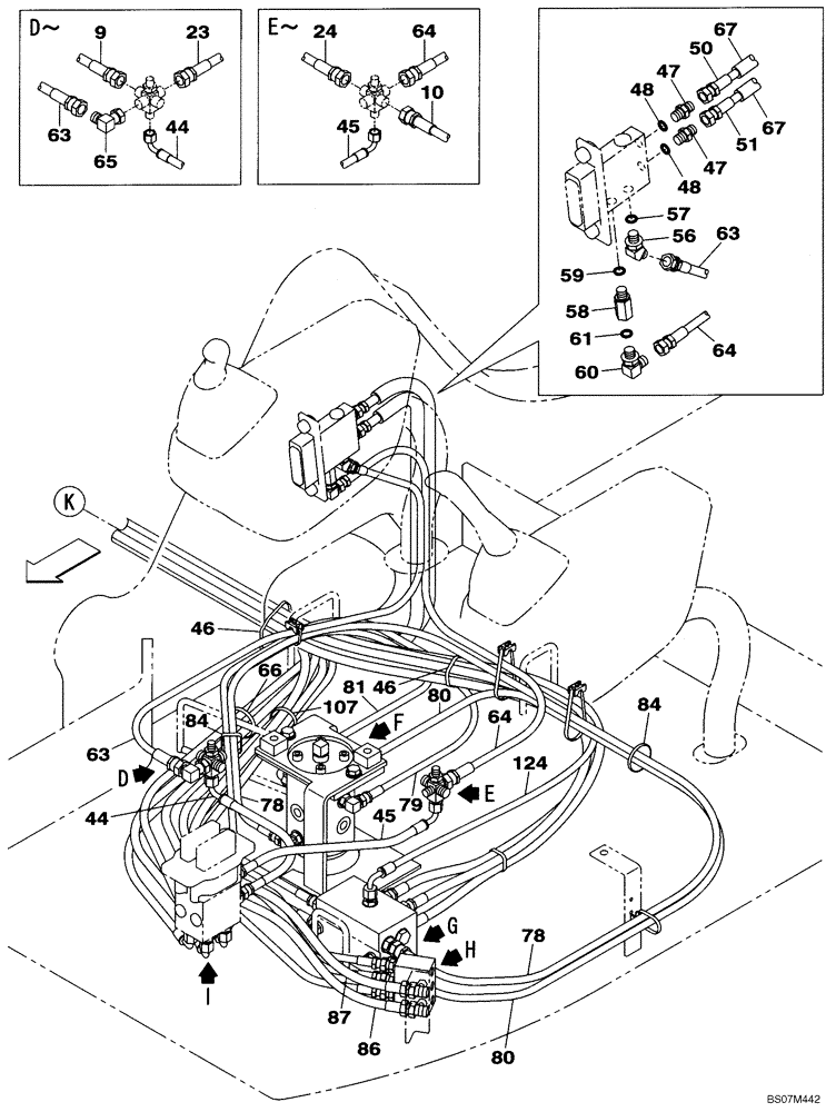 Схема запчастей Case CX135SR - (08-91[01]) - PILOT CONTROL LINES, TRAVEL - OPTIONAL (2-WAY) - WITH DOZER BLADE (08) - HYDRAULICS