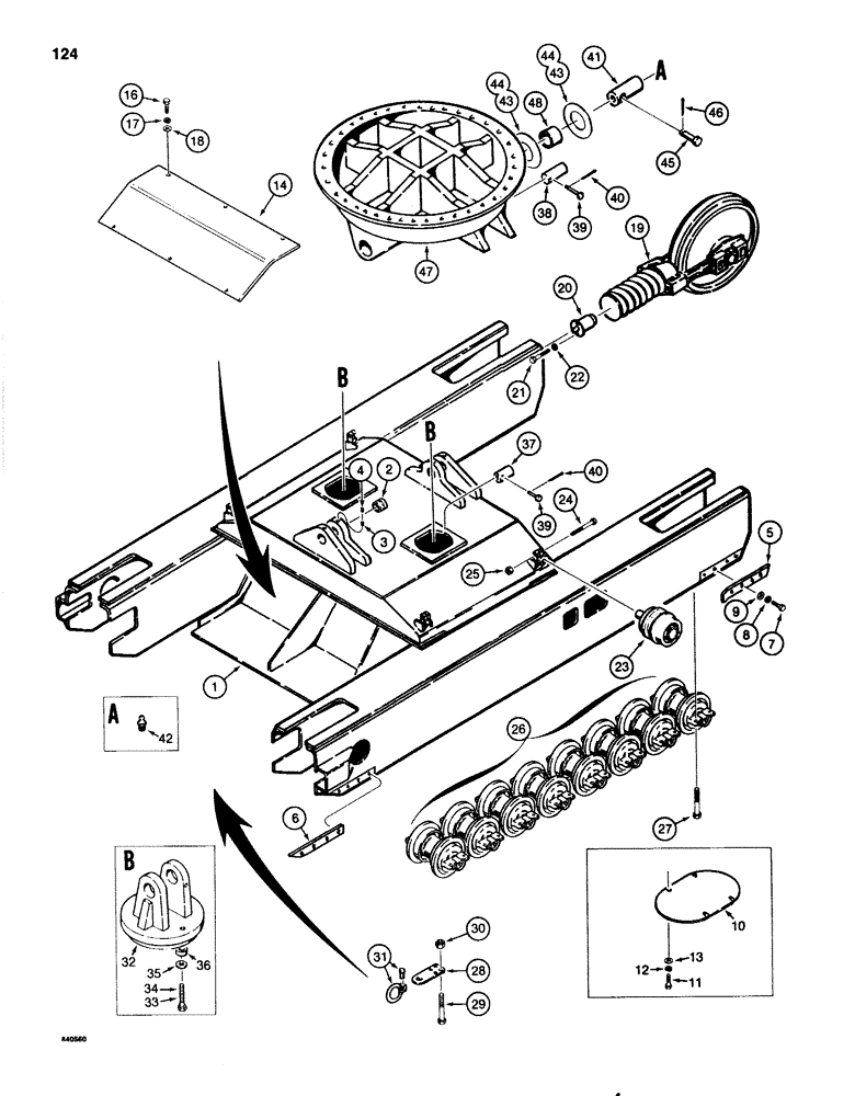 Схема запчастей Case 1080 - (124) - CRAWLER UNDERCARRIAGE AND TRACK FRAME, MODELS WITH LEVELER (48) - TRACKS & TRACK SUSPENSION