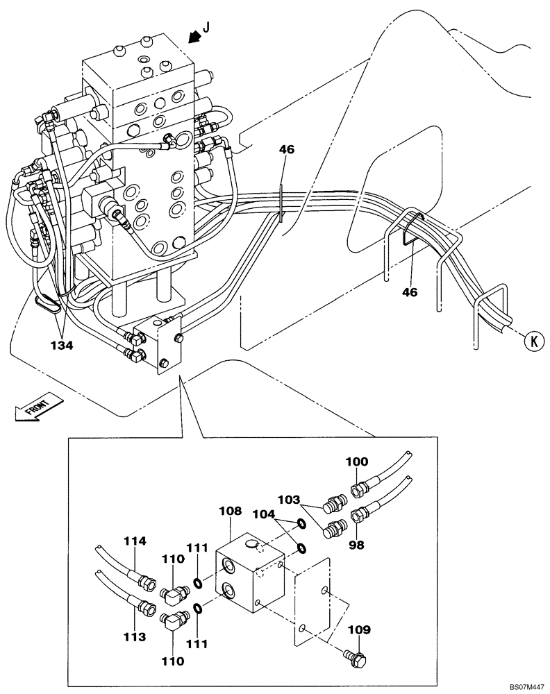 Схема запчастей Case CX135SR - (08-91[06]) - PILOT CONTROL LINES, CONTROL VALVE - OPTIONAL (2-WAY) - WITH DOZER BLADE (08) - HYDRAULICS