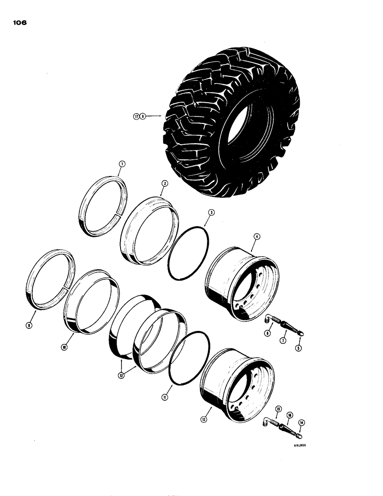 Схема запчастей Case W24 - (106) - RIMS AND TIRES, USED ON MODELS WITH 17.50 X 25-12 AND 16 PLY TIRES (06) - POWER TRAIN