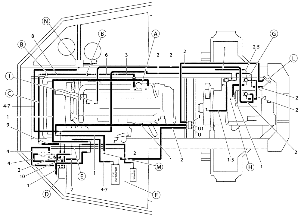 Схема запчастей Case 340 - (49A00010898[001]) - PNEUMATIC SYSTEM - FRONT FRAME (36) - PNEUMATIC SYSTEM