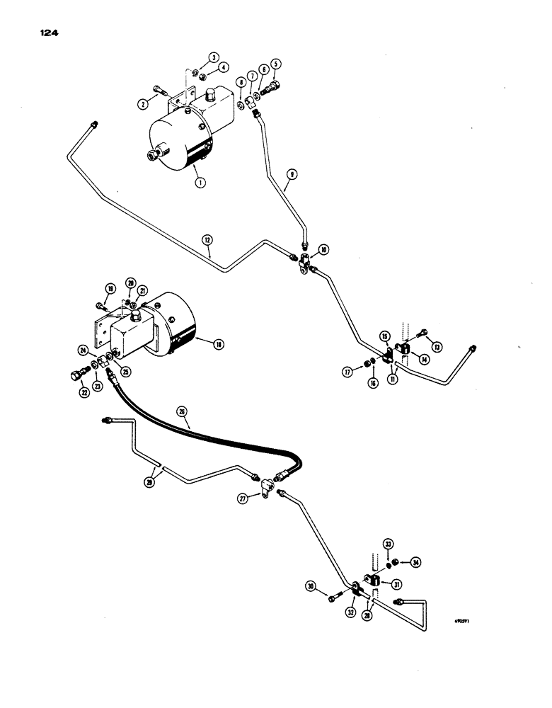 Схема запчастей Case W24 - (124) - BRAKE SYSTEM, BRAKE MASTER CYLINDERS TO WHEEL CYLINDERS (07) - BRAKES